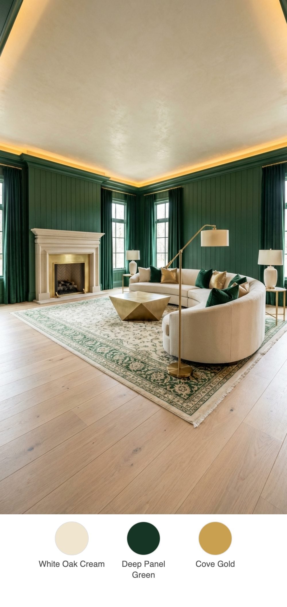 Grand Transitional Living Room with Green Tongue and Groove Paneling, Cream Curved Sectional and Cove Lighting