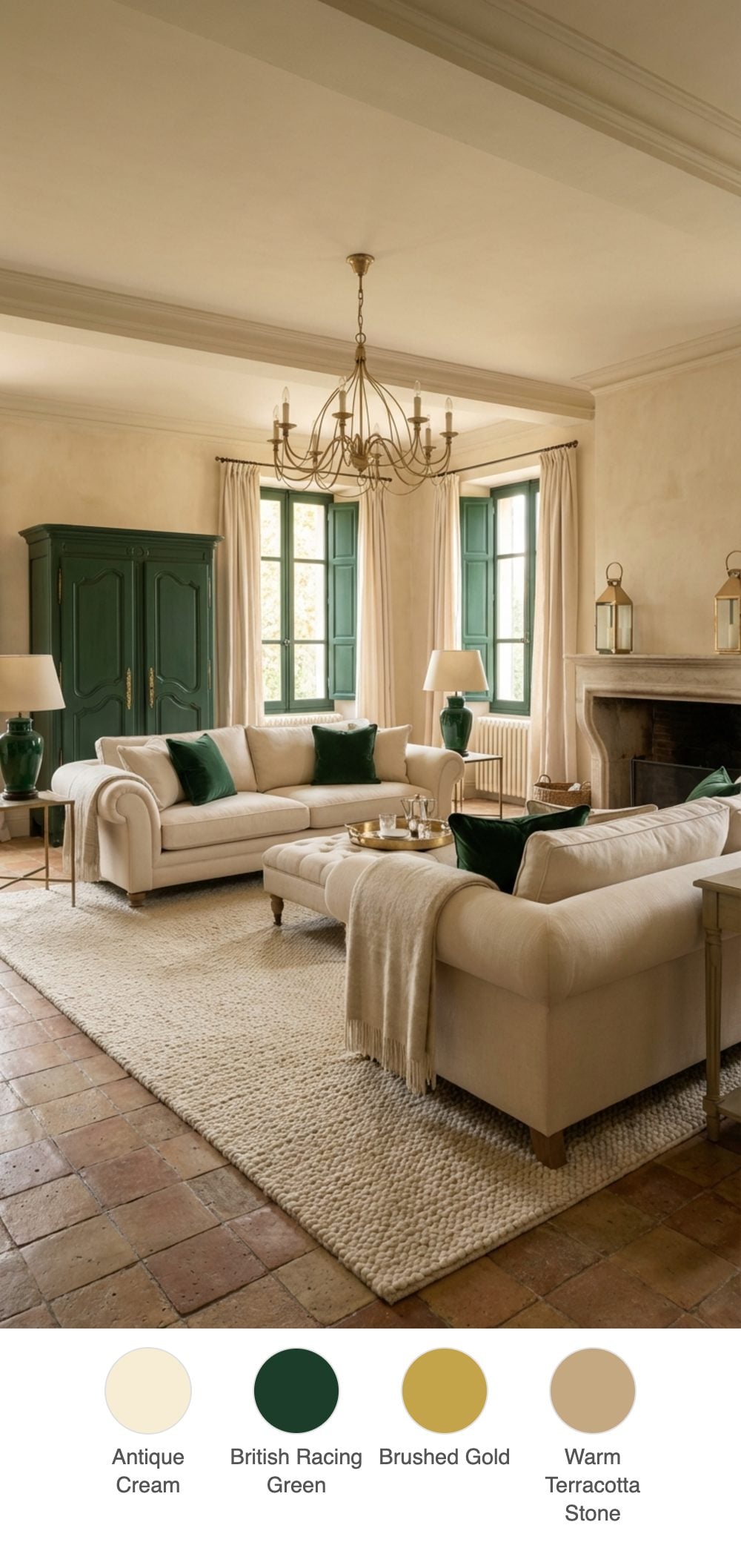 Provence-Inspired Living Room with Cream Rolled-Arm Sofas and British Racing Green Painted Armoire