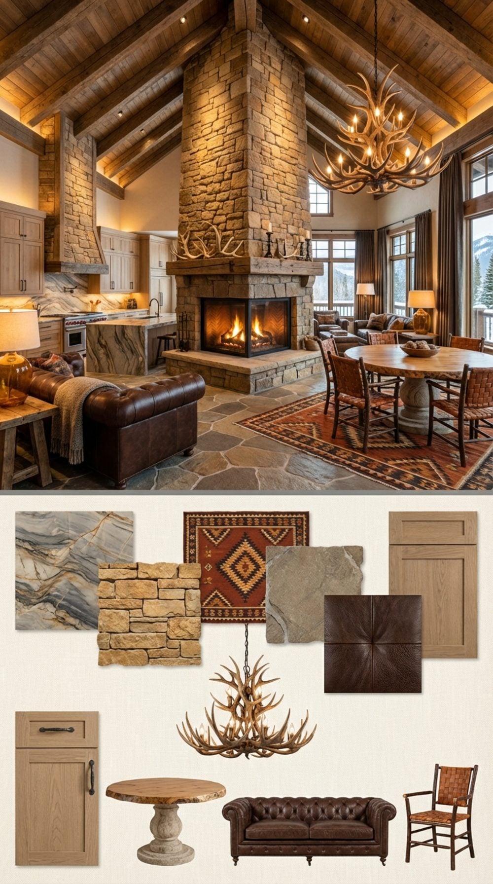 Grand Alpine Lodge: Monumental Double-Sided Stone Fireplace and Live Edge Pine