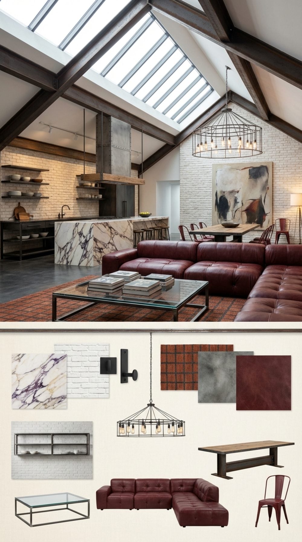 Industrial Artist Loft Grand Luxury: Sawtooth Skylight Vault and Oxblood Leather Sectional