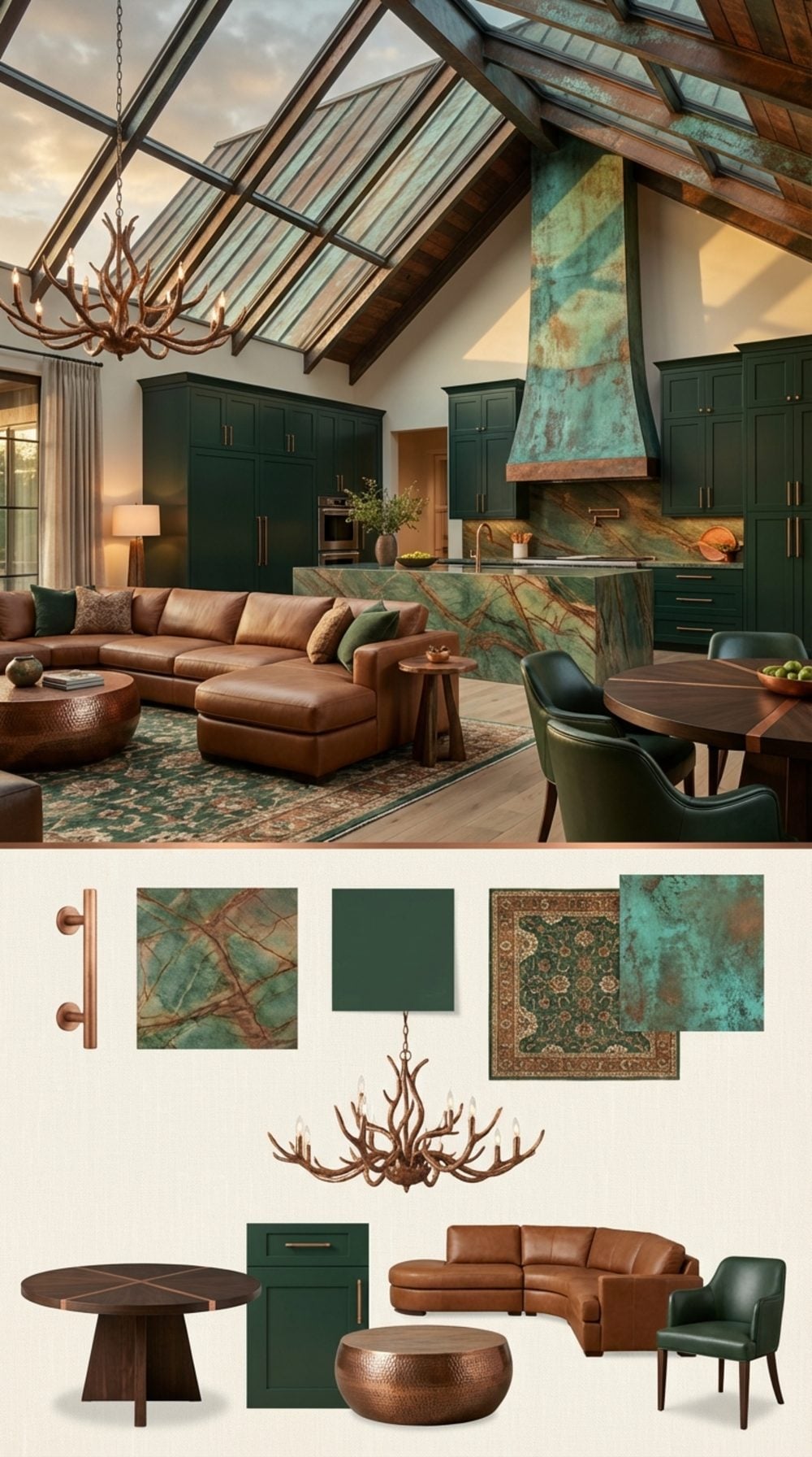 Copper and Glass Grand Manor: Verdigris Patina Vault and Rainforest Quartzite Island