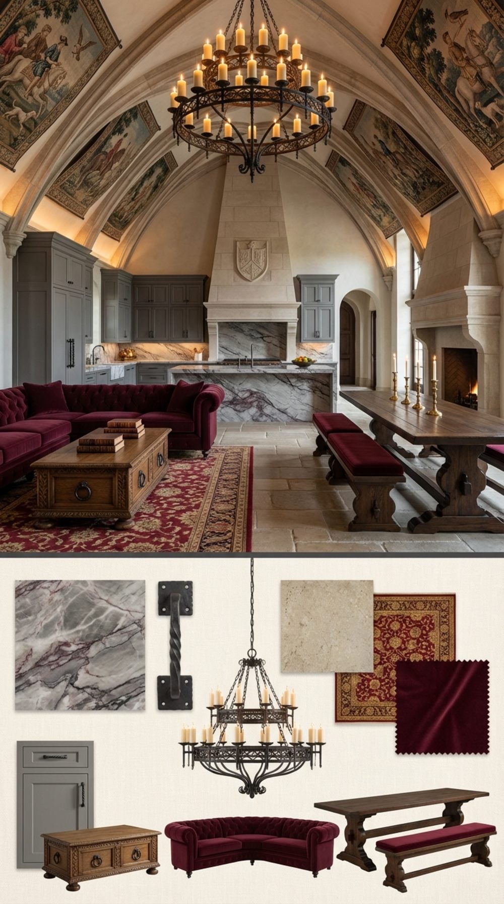 Contemporary Medieval Castle: Flemish Tapestry Vault and Limestone Heraldic Hood