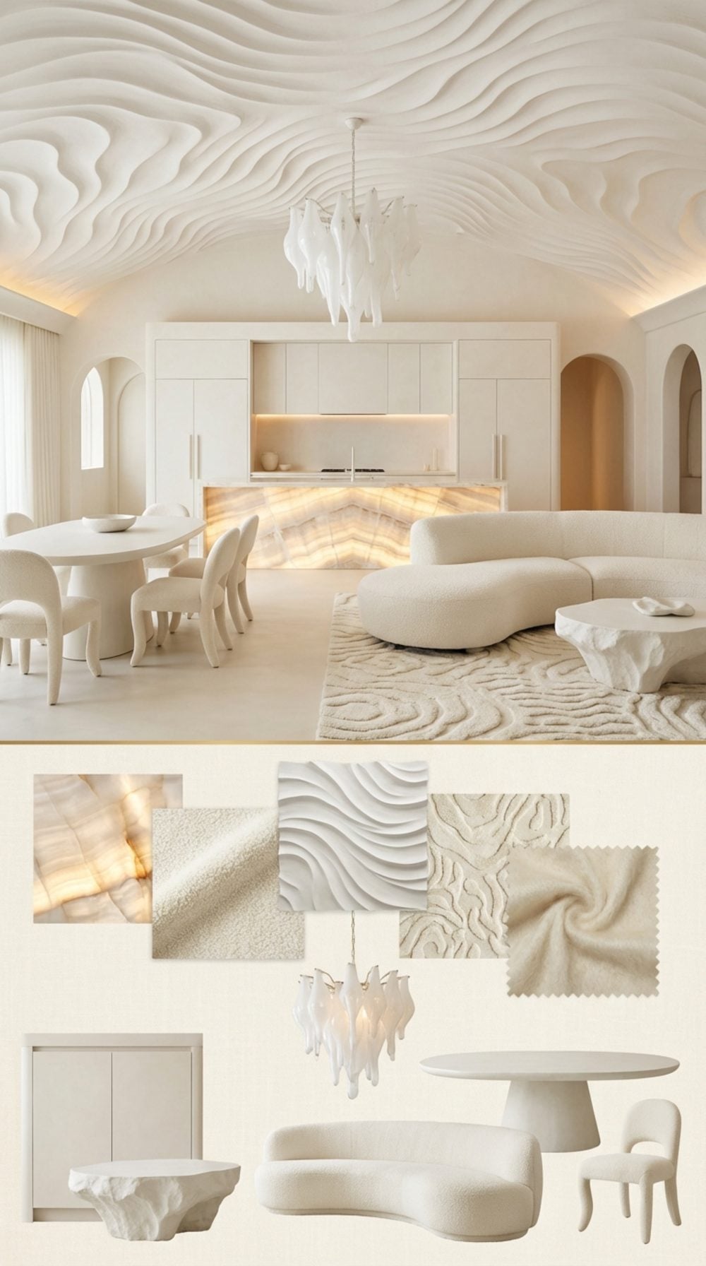 Sculptural Organic Surrealism: White Plaster Wave Ceiling and Backlit Onyx Island