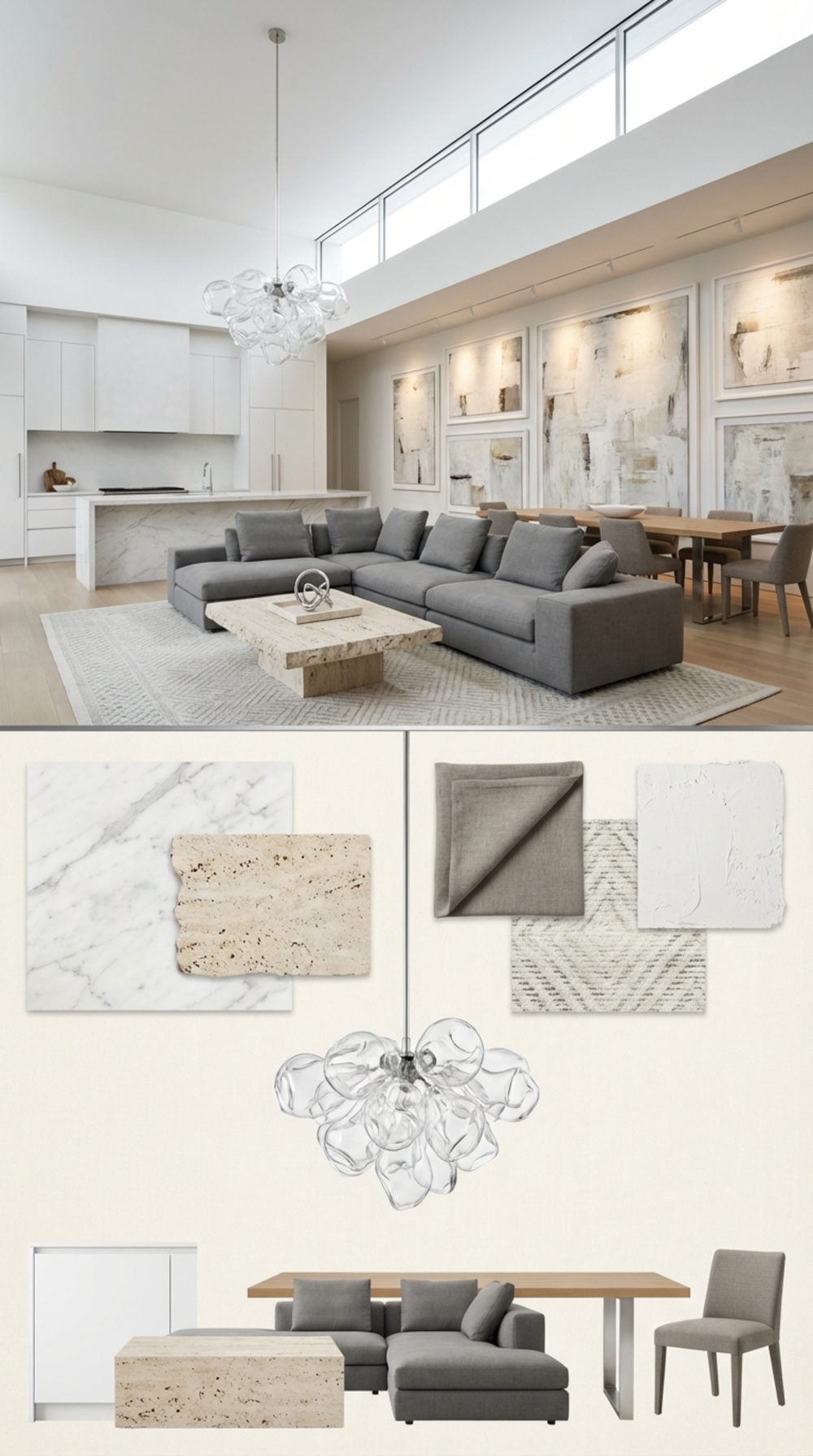 Museum-Quality Art Collector: Clerestory North Light and Travertine Slab Living Room