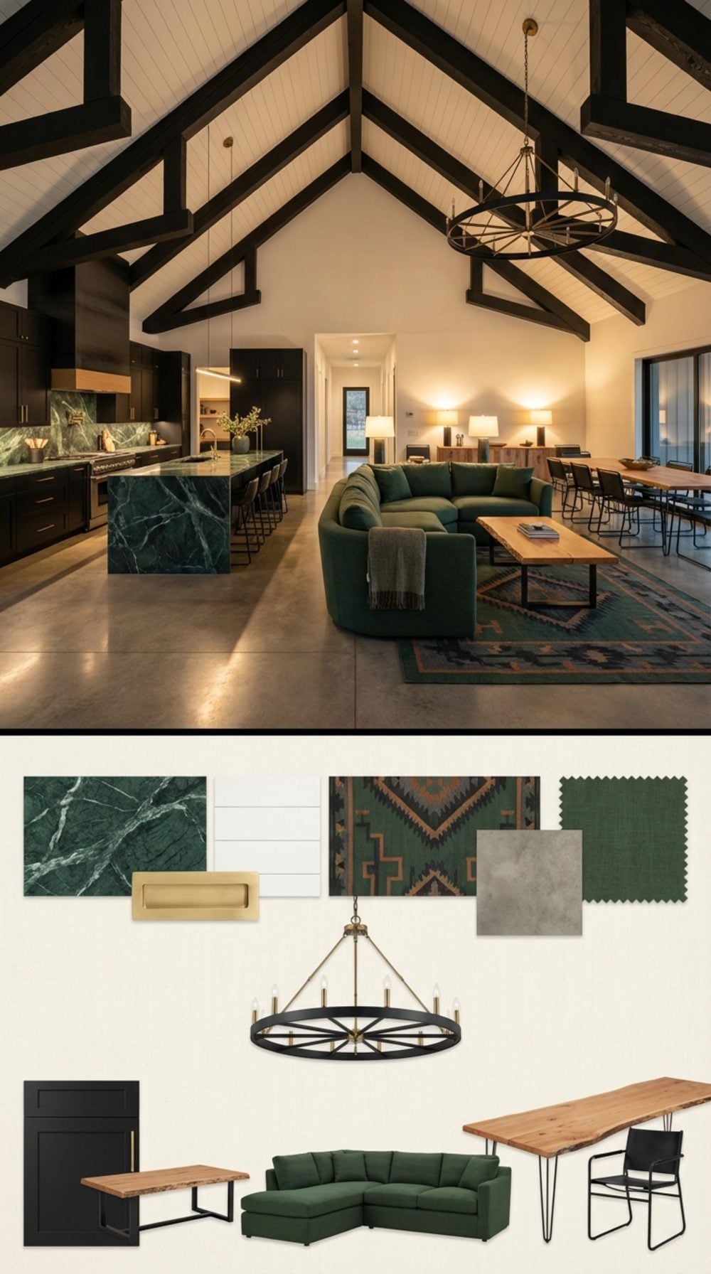 Elevated Pacific Northwest: Black Fir Trusses and Rainforest Green Marble Kitchen