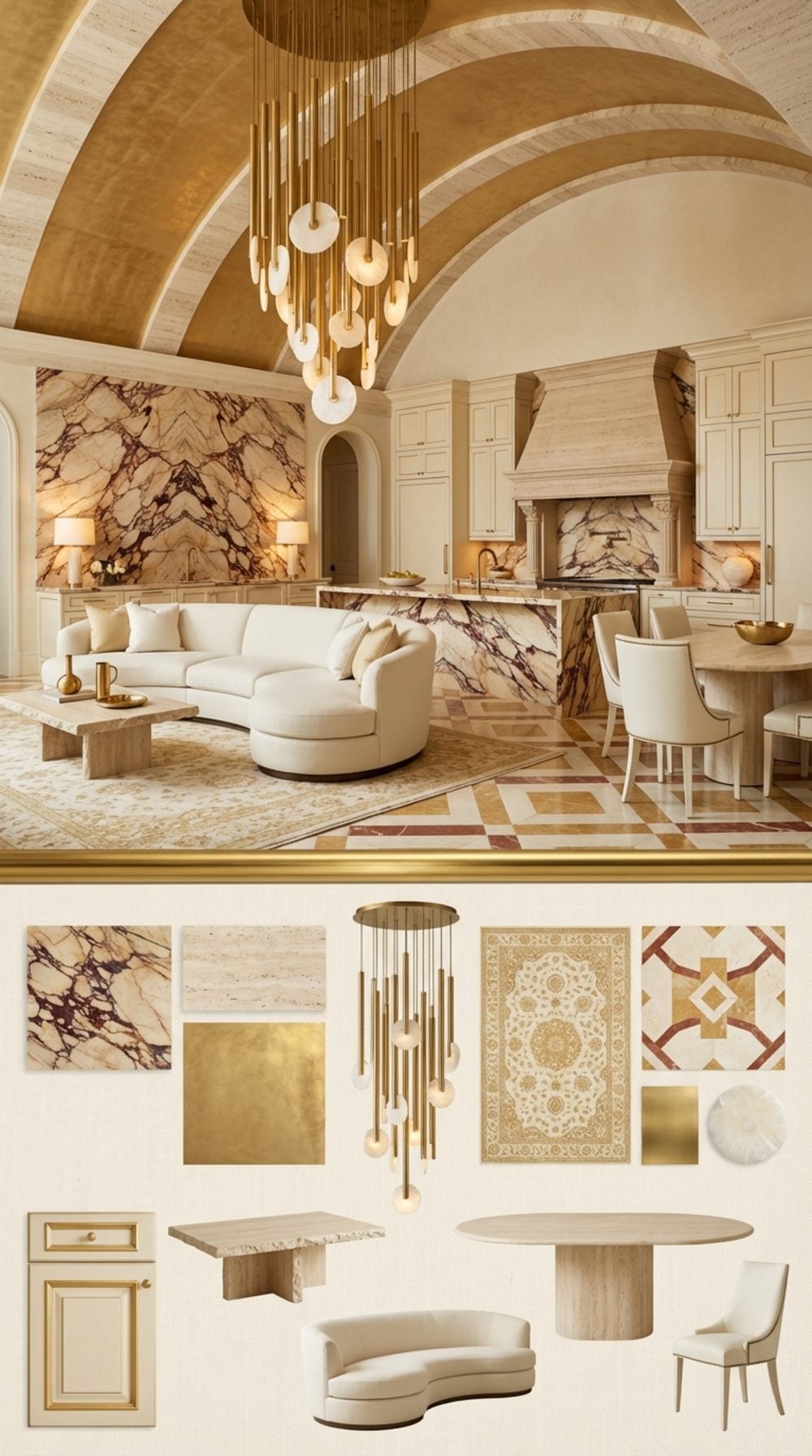 Roman Emperor Grand Luxury: Burnished Gold Venetian Plaster Vault and Breccia Imperiale