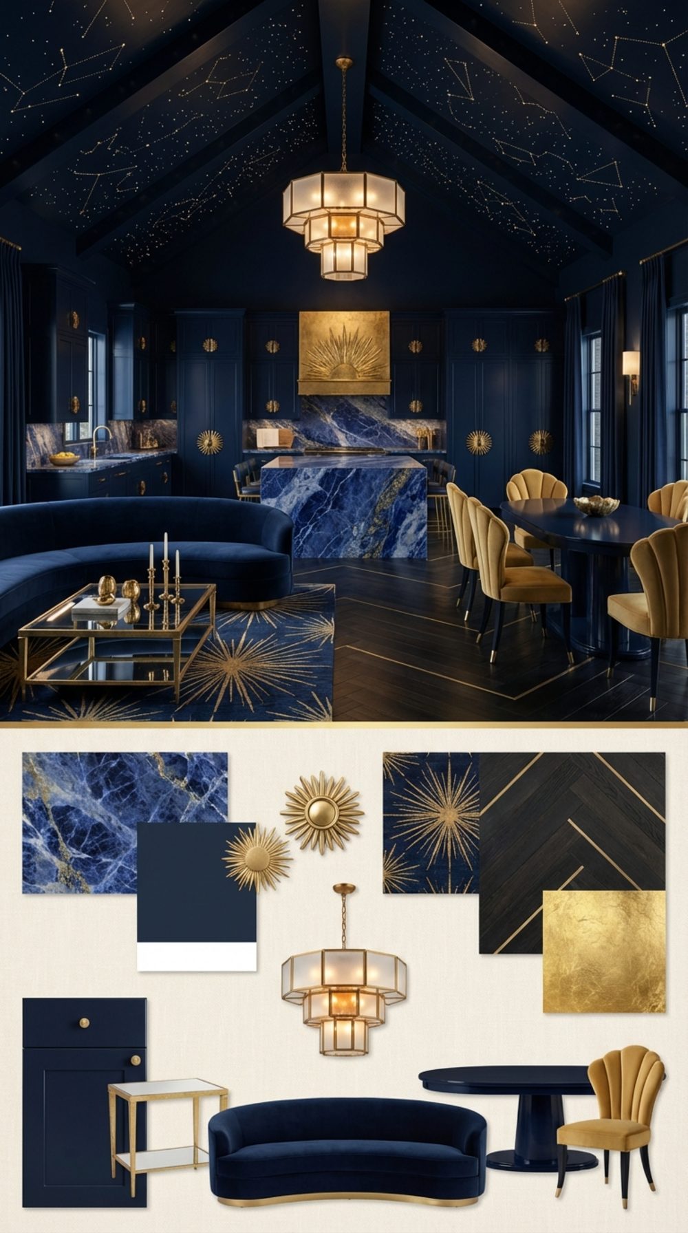 Celestial Art Deco: Midnight Navy Constellation Vault and Sodalite Blue Marble Kitchen