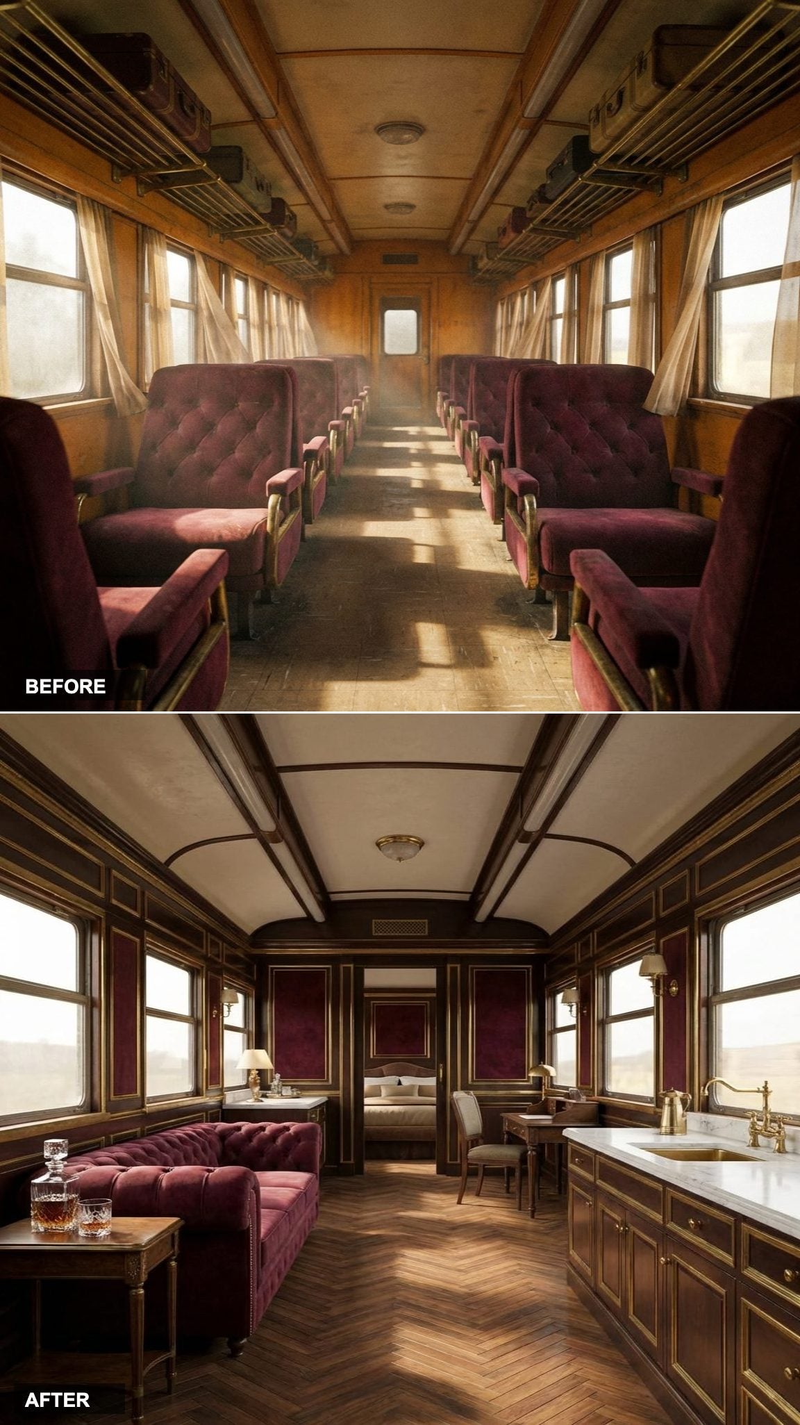 Orient Express Burgundy: Chesterfield Sofa, Crystal Whisky Glass, Maximum Atmosphere