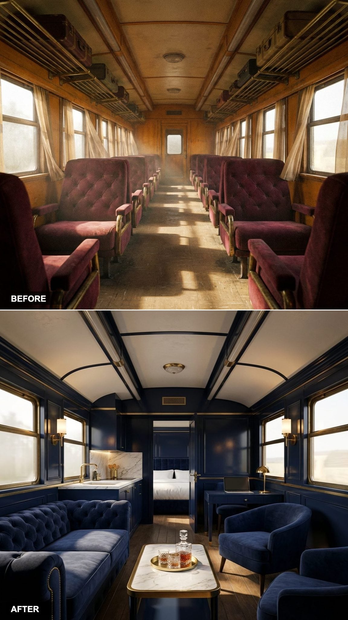 Dark Art Deco in Navy, Brass, and Carrara Marble: The Most Photogenic Car of the Fifteen