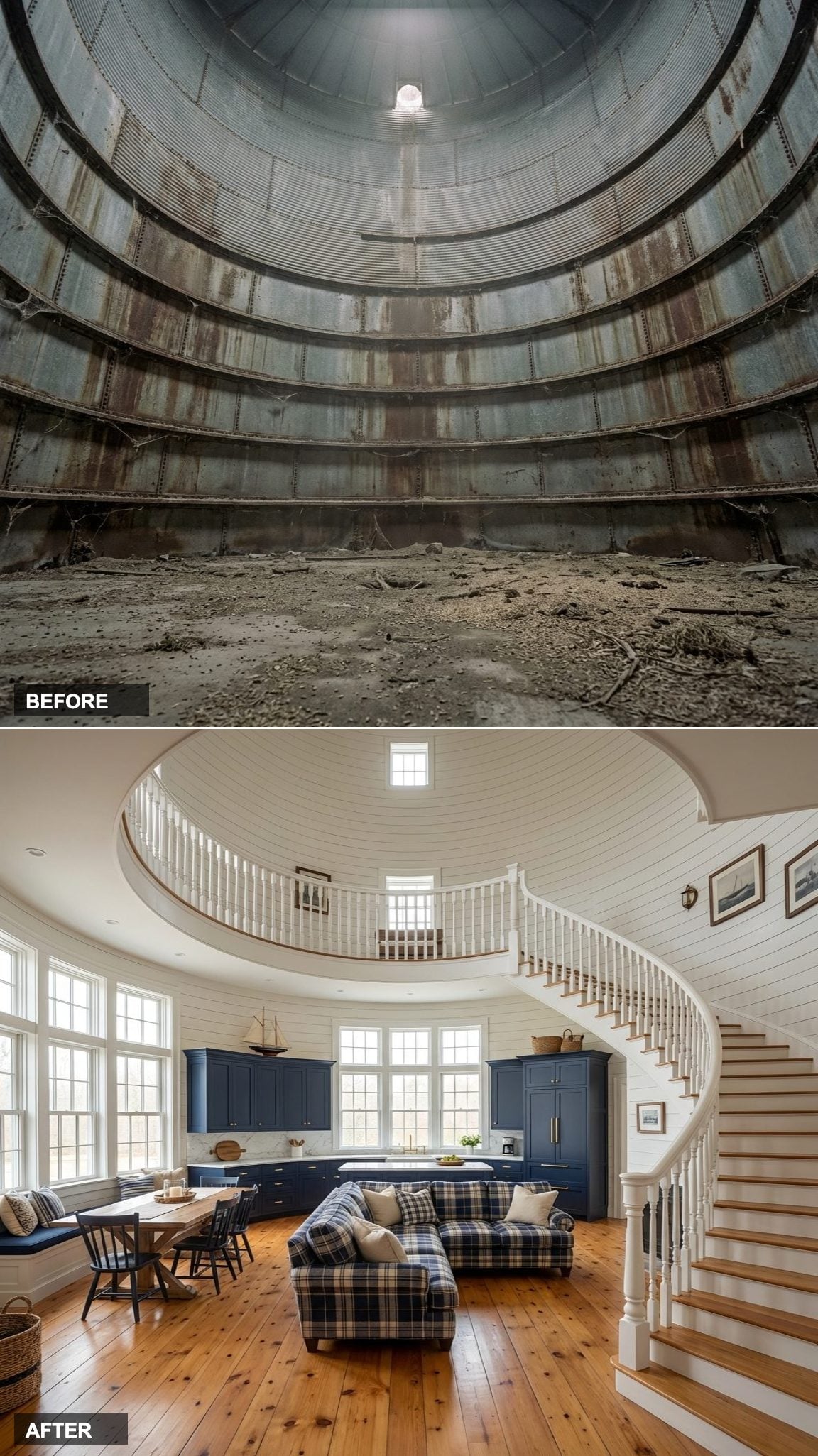 Navy Blue Shaker and Wide Plank Pine: New England Classic Gets a Round Room