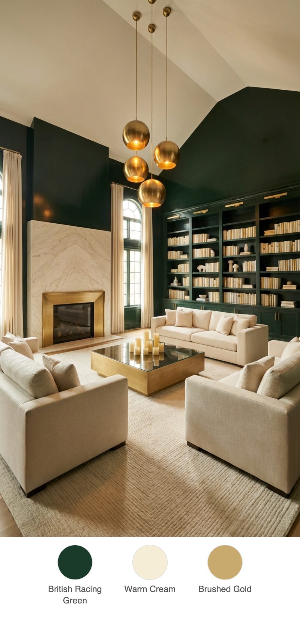 Vaulted Library Living Room with Green Lacquered Walls, Cream Linen Sofas, and Brushed Gold Pendant Clusters