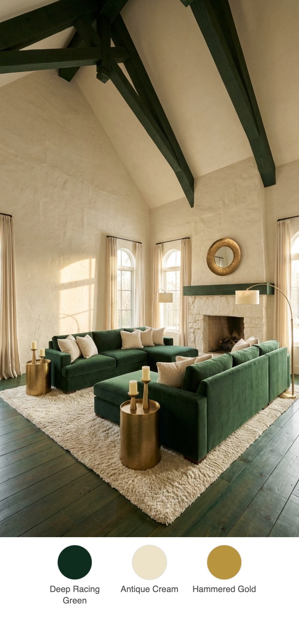 Cream Plaster Vaulted Living Room with a British Racing Green Velvet Sectional and Hammered Gold Side Tables