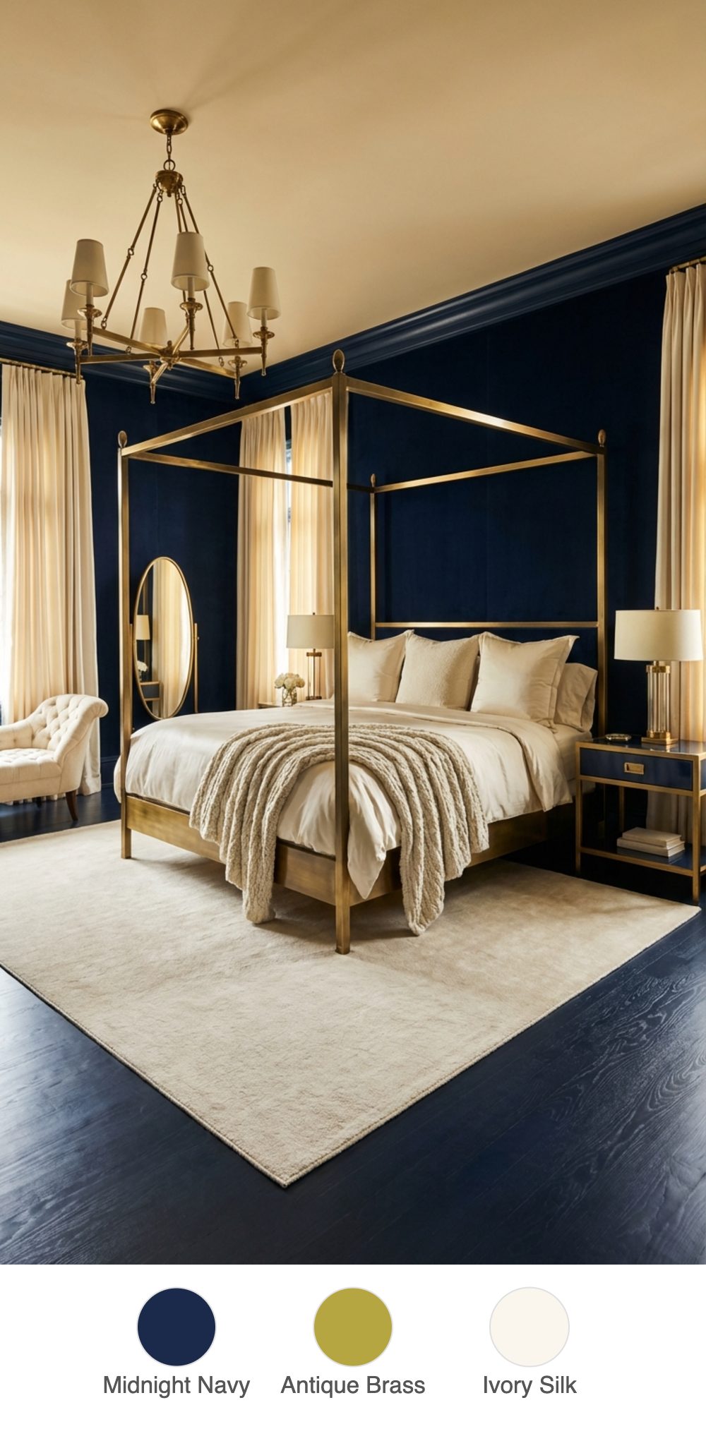 Floor-to-Ceiling Navy Velvet Bedroom with Antique Brass Canopy Bed and Ivory Silk Drapes