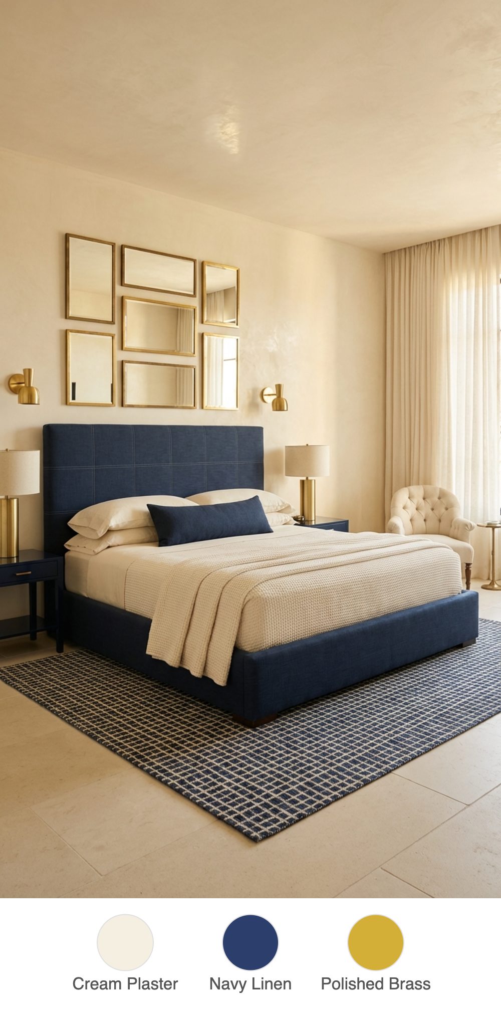 Soft Cream Plaster Bedroom with Navy Linen Upholstered Headboard and Polished Brass Gallery Wall