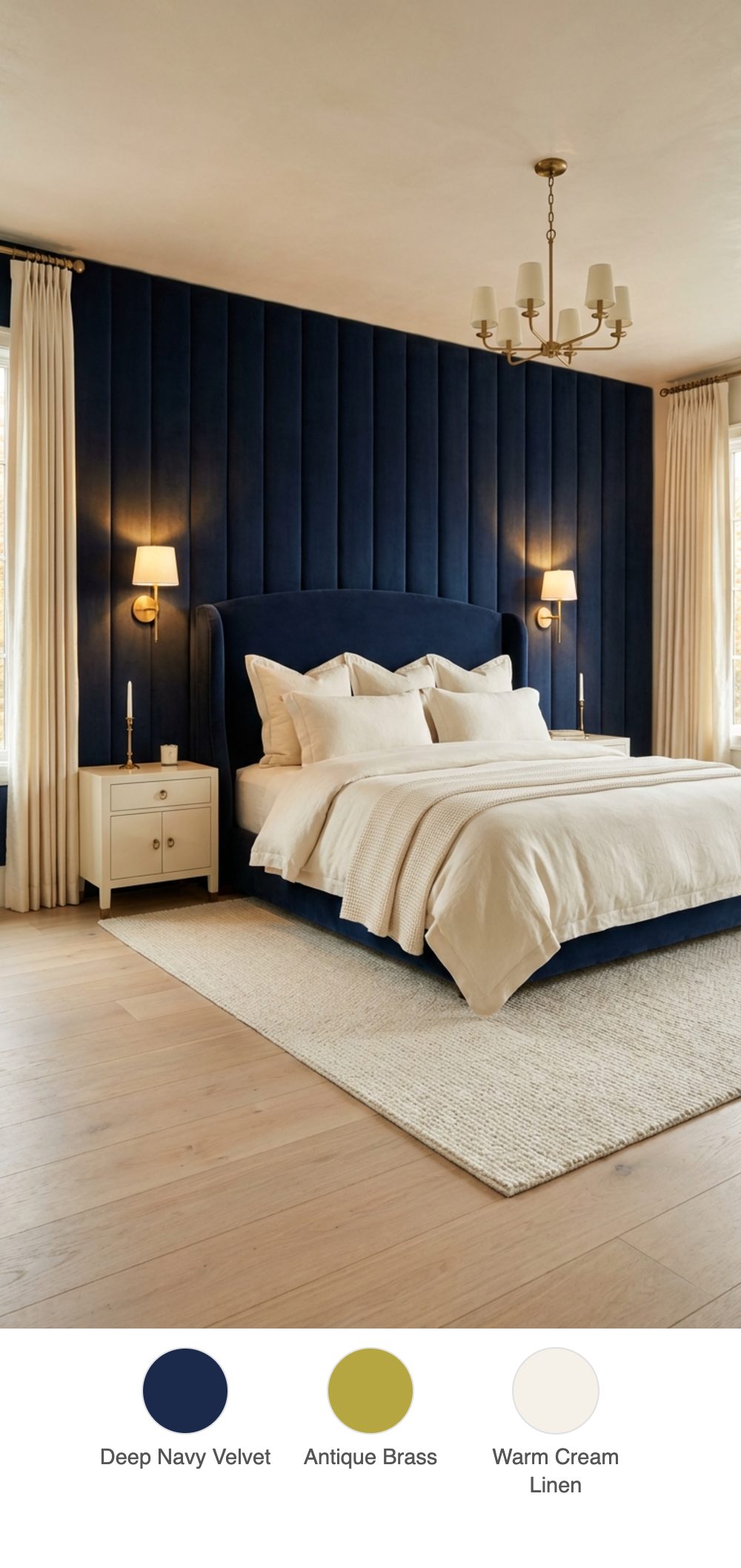 Floor-to-Ceiling Navy Velvet Headboard Wall with Antique Brass Sconces and Cream Linen Bedding