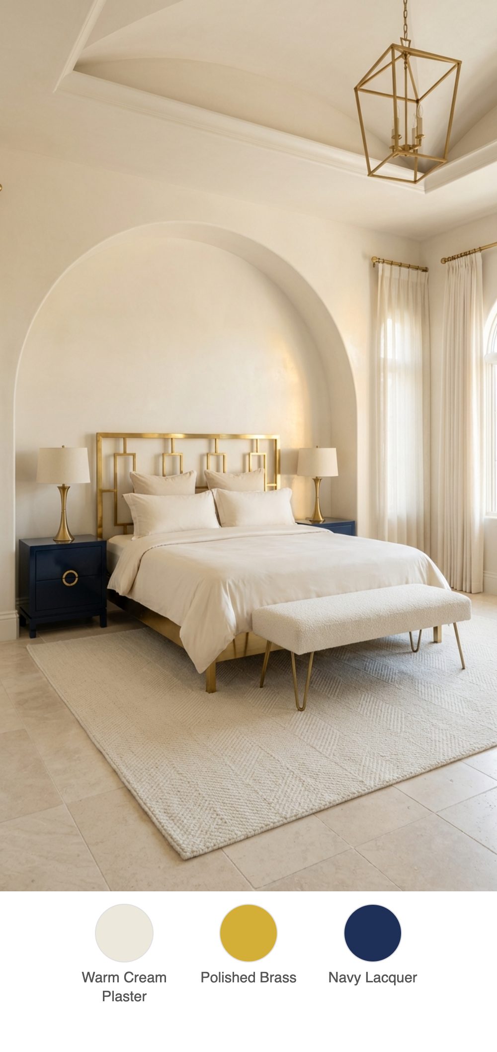 Cream Plaster Arched Bedroom with Navy Nightstands, Polished Brass Bed Frame, and Cream Bouclé Bench