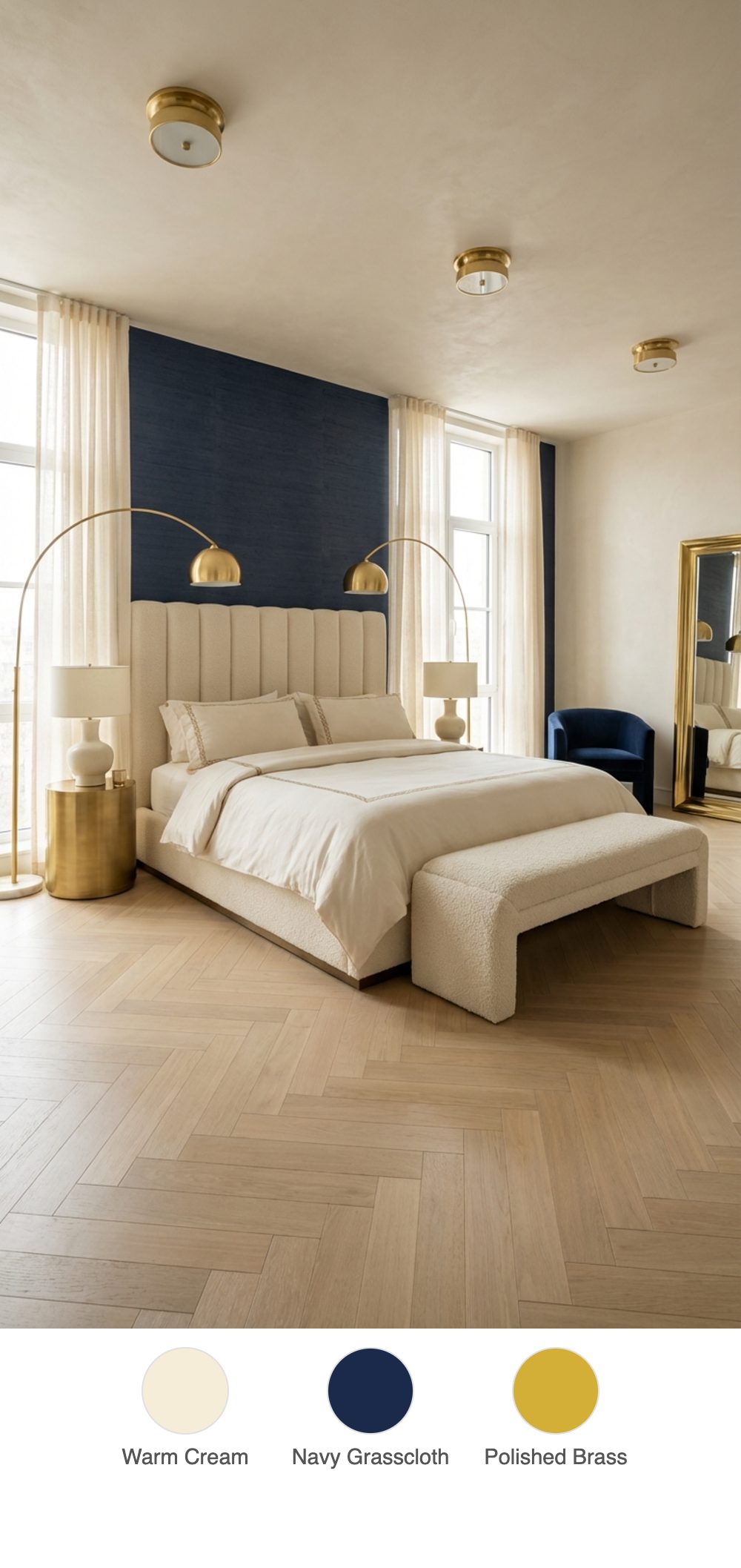 Cream Bouclé Upholstered Bedroom with Navy Grasscloth Accent Wall and Polished Brass Fixtures
