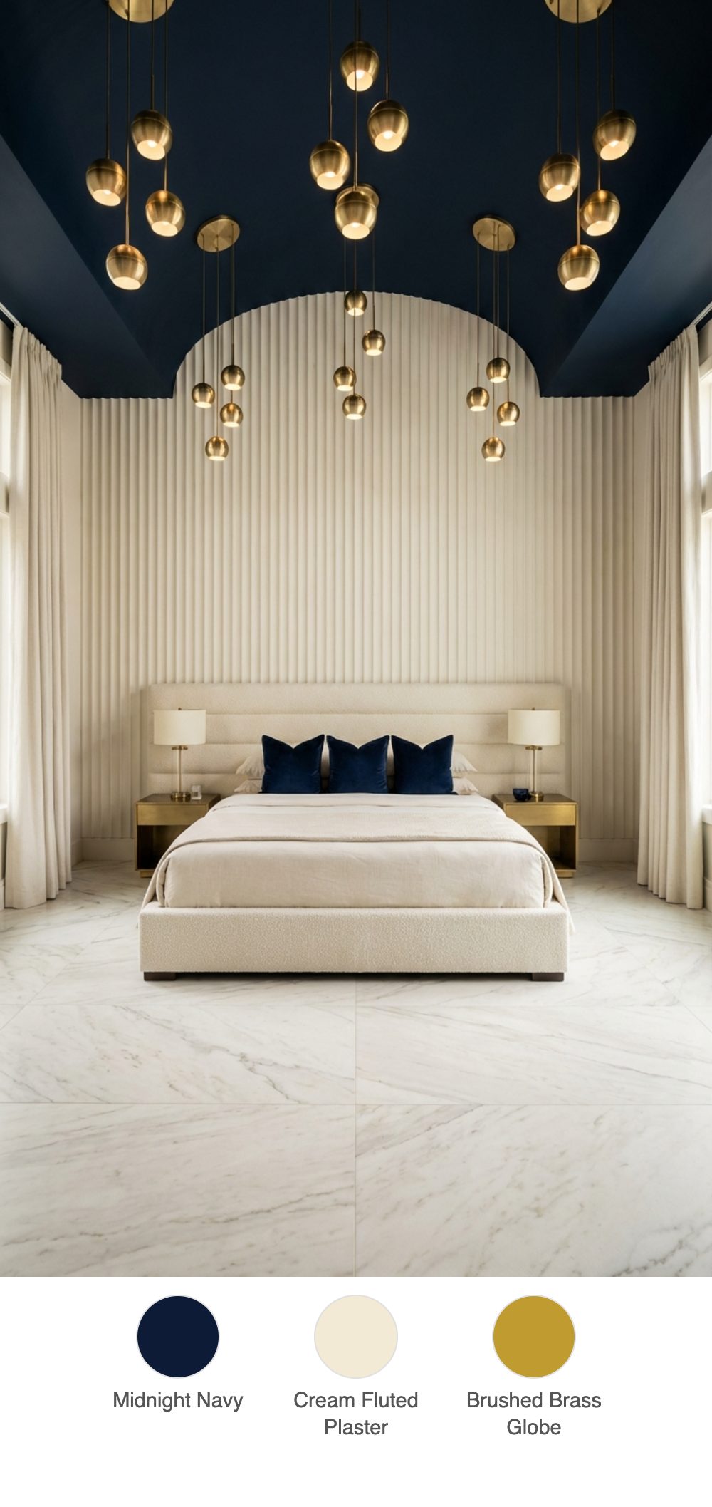 Navy Painted Barrel Vault Ceiling Bedroom with Cream Fluted Plaster Walls and Brass Pendant Clusters