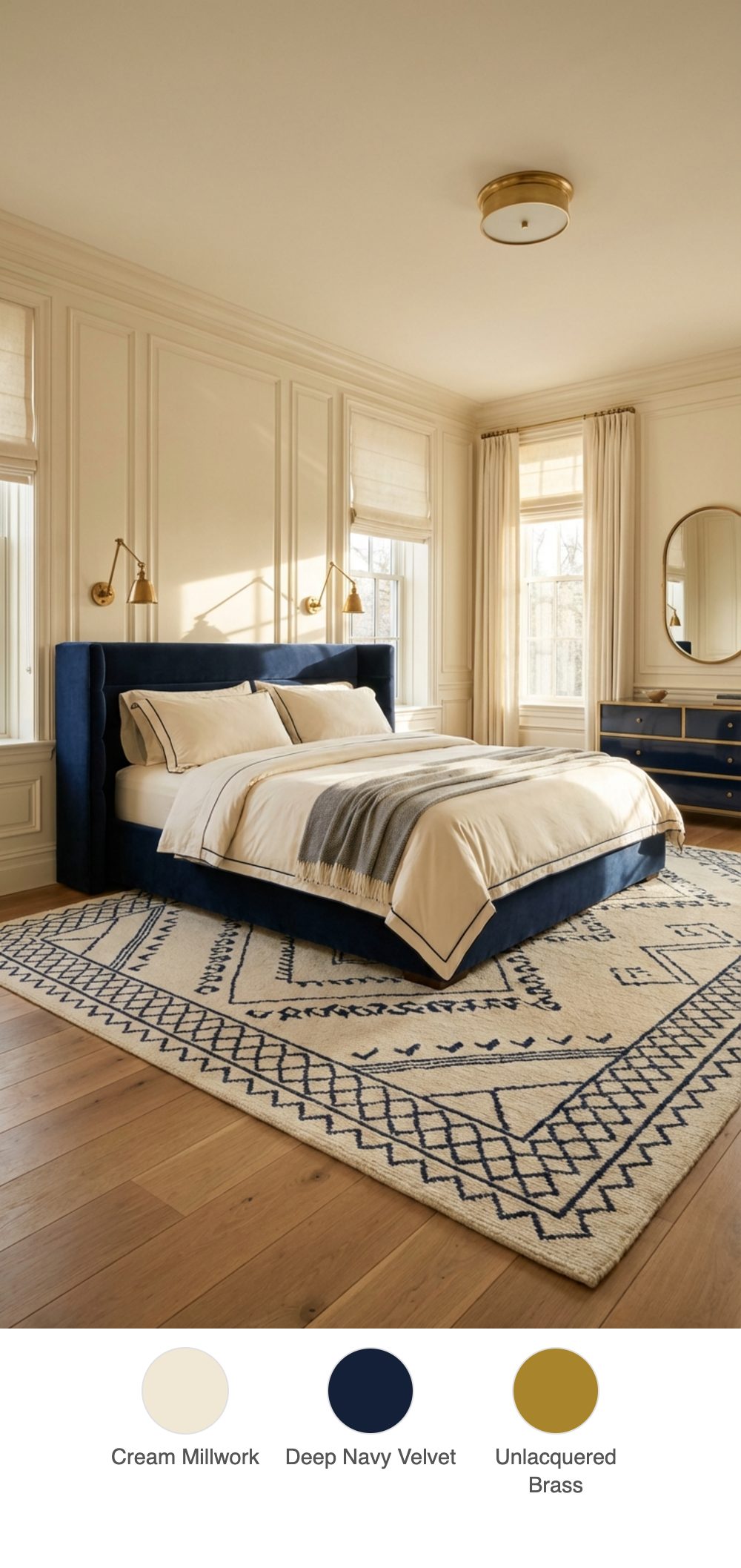 Cream Paneled Bedroom with Deep Navy Upholstered Platform Bed and Unlacquered Brass Sconces