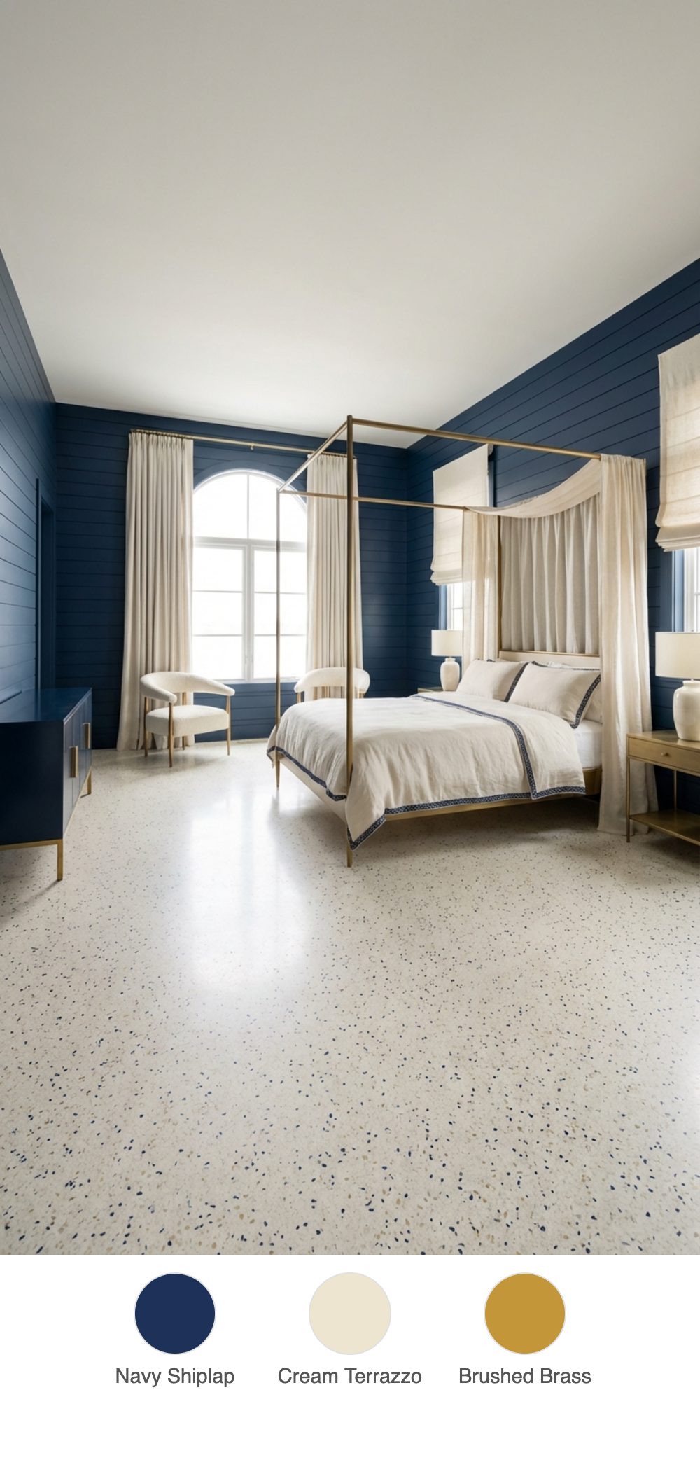 Cream Terrazzo Floor Bedroom with Navy Shiplap Walls, Brass Wishbone Furniture, and Linen Canopy
