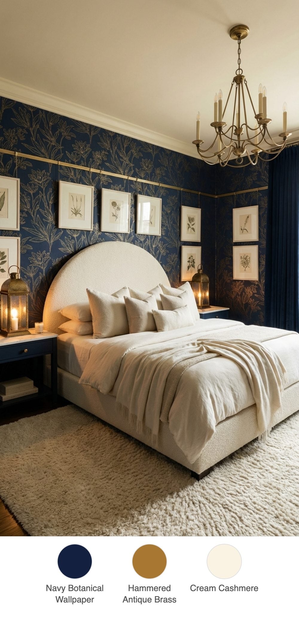 Jewel-Box Navy Wallpapered Bedroom with Hammered Brass Bedside Lanterns and Cream Cashmere Throws
