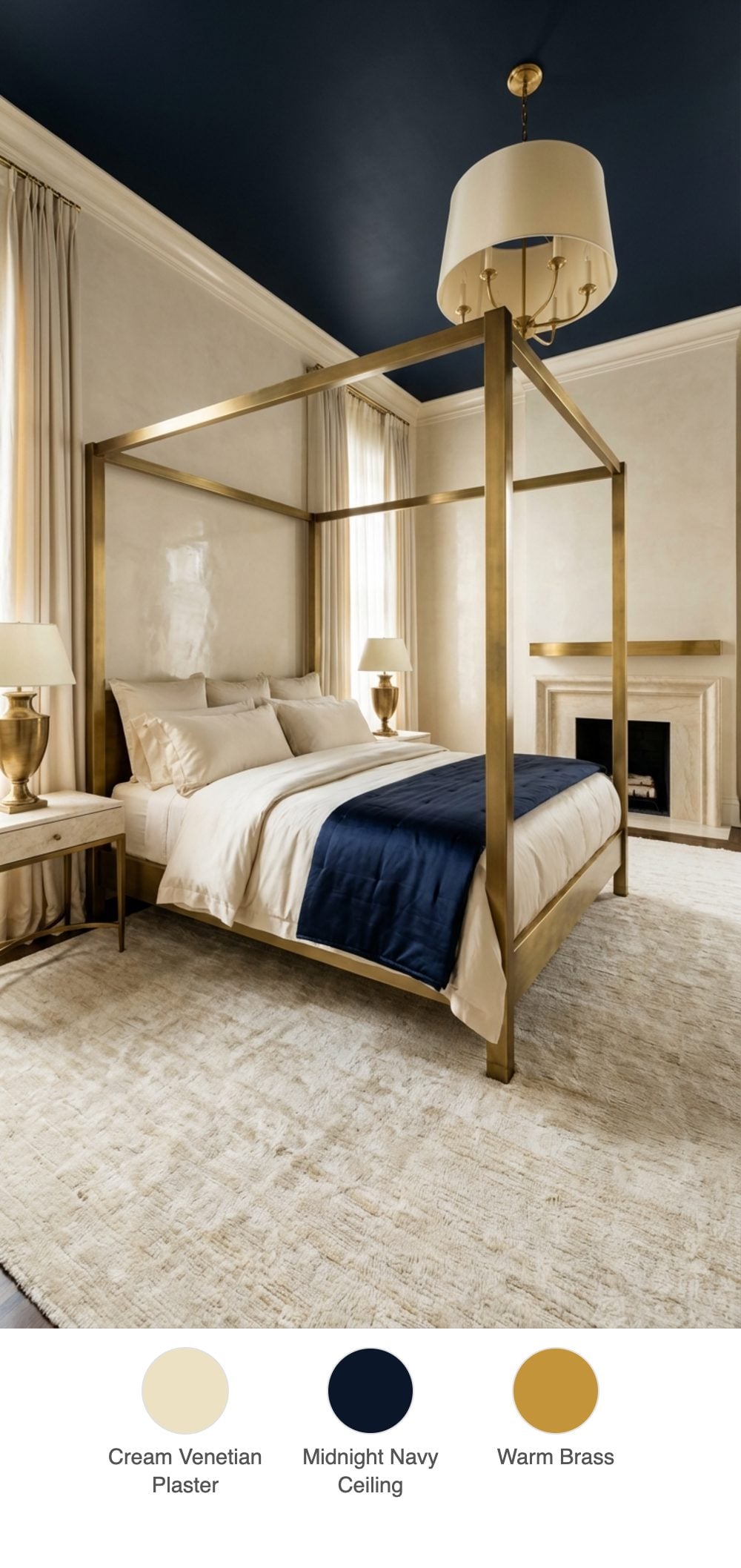 Cream Venetian Plaster Suite with Midnight Navy Ceiling, Oversized Brass Bed, and Silk Drapery