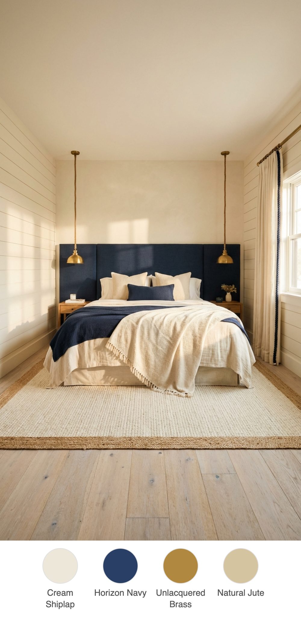 Coastal-Influenced Bedroom with Cream Shiplap, Navy Rope Accents, and Unlacquered Brass Hardware