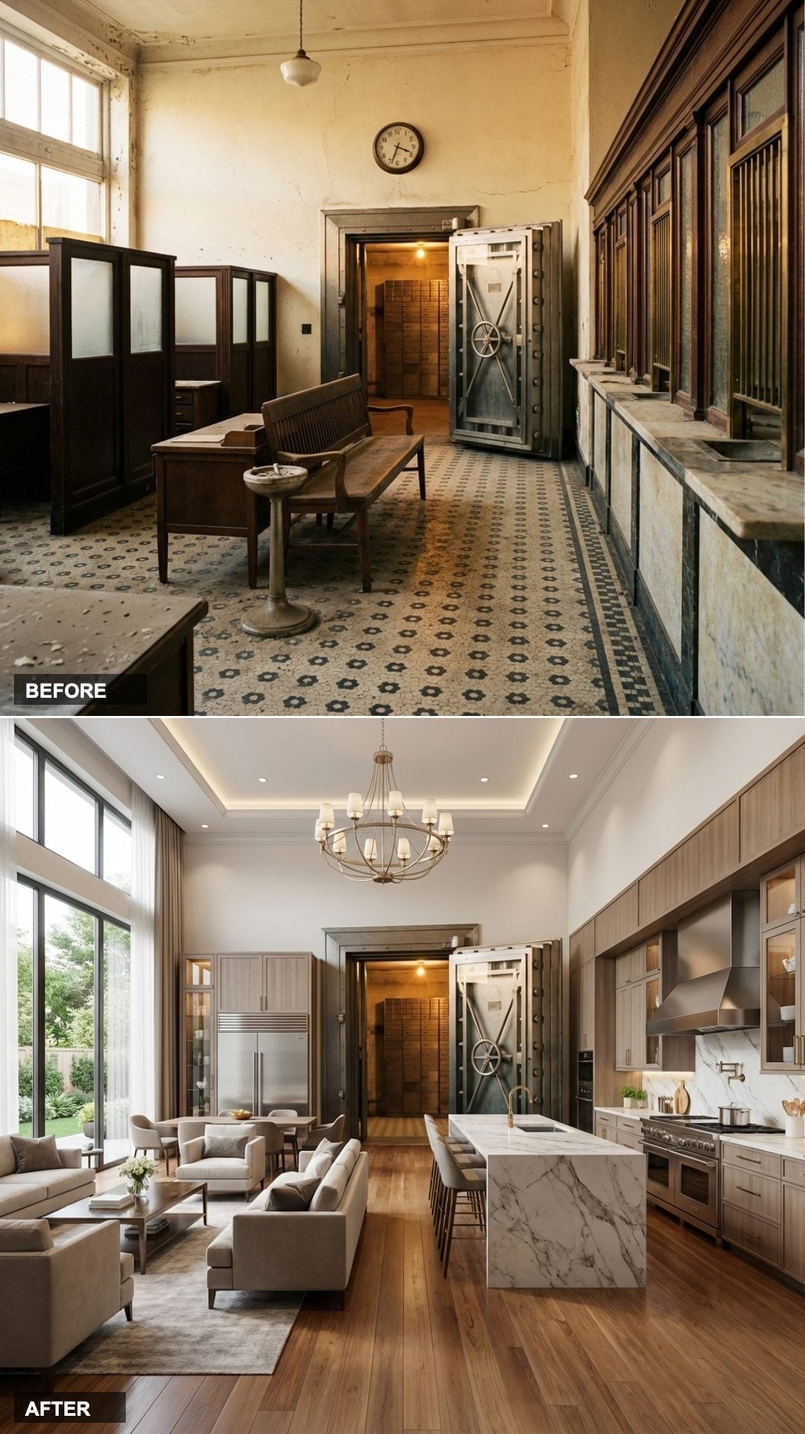 Soaring Ceilings, Marble Waterfall Island, and Light Pouring Through Every Arch