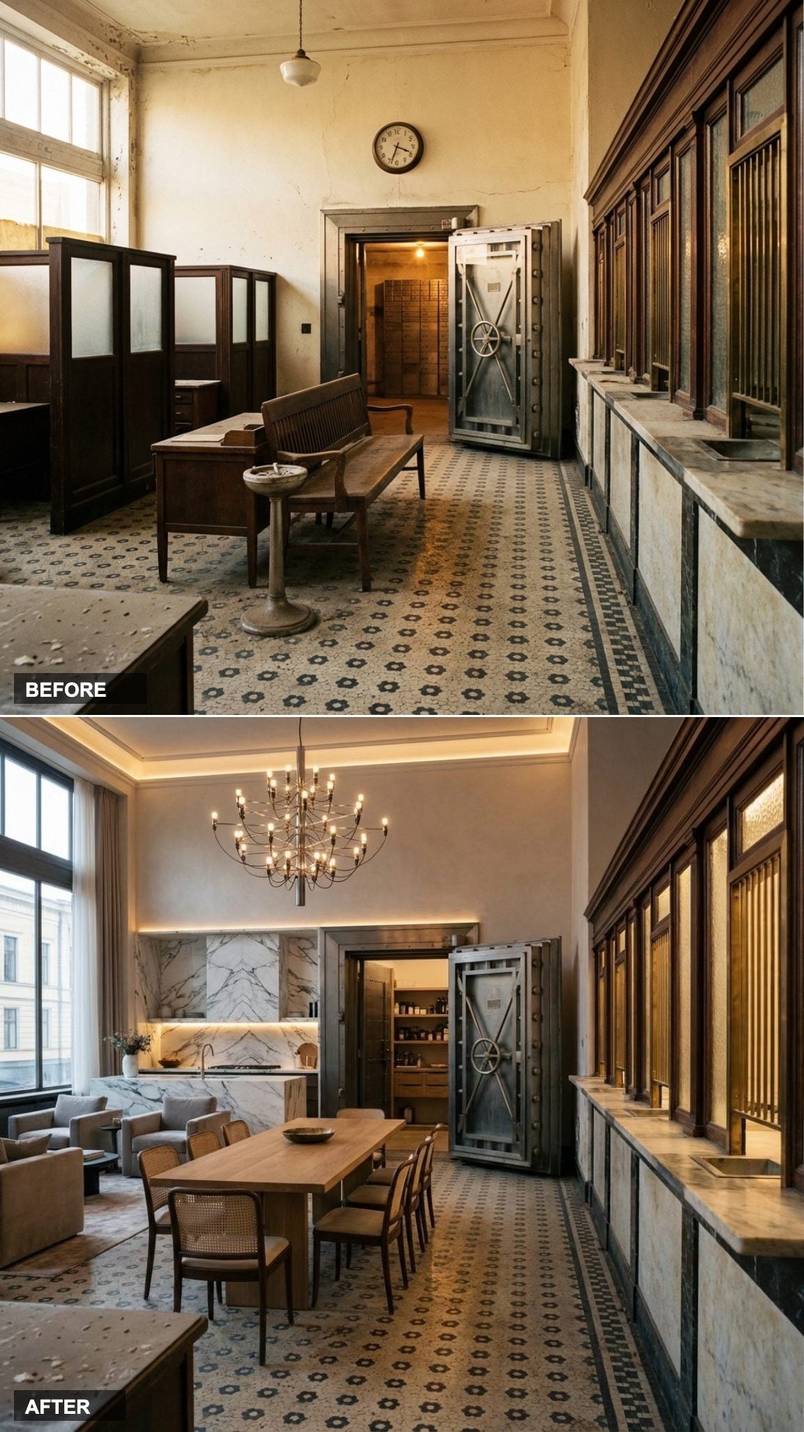 Book-Matched Marble Slabs and a Long Oak Table That Fills the Room Like It Was Always There