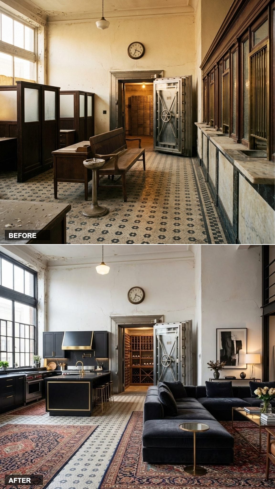 White Plasterwork, Black and Gold Kitchen, Persian Rugs: A New York Loft Without the Manhattan Price Tag