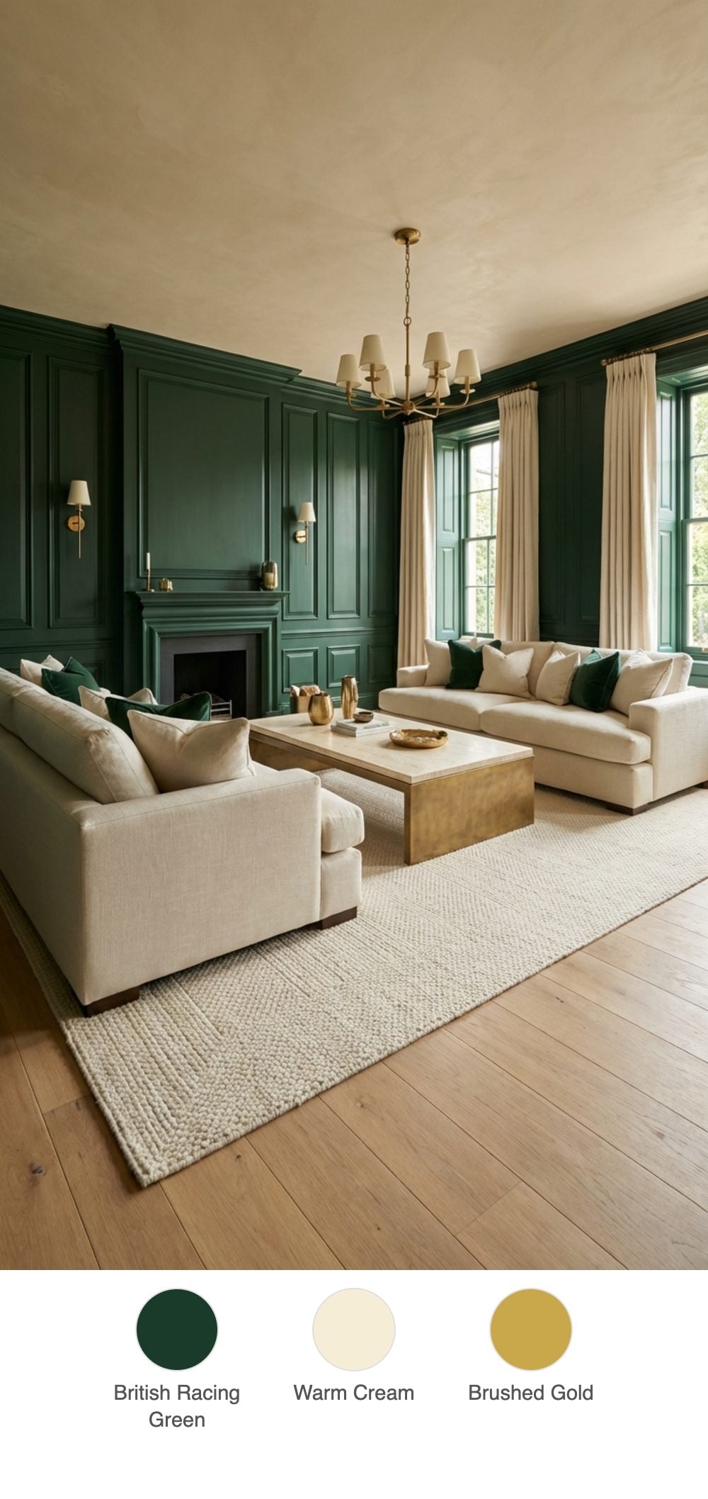 Floor-to-Ceiling British Racing Green Paneled Walls with Cream Linen Sofas and Brushed Gold Sconces