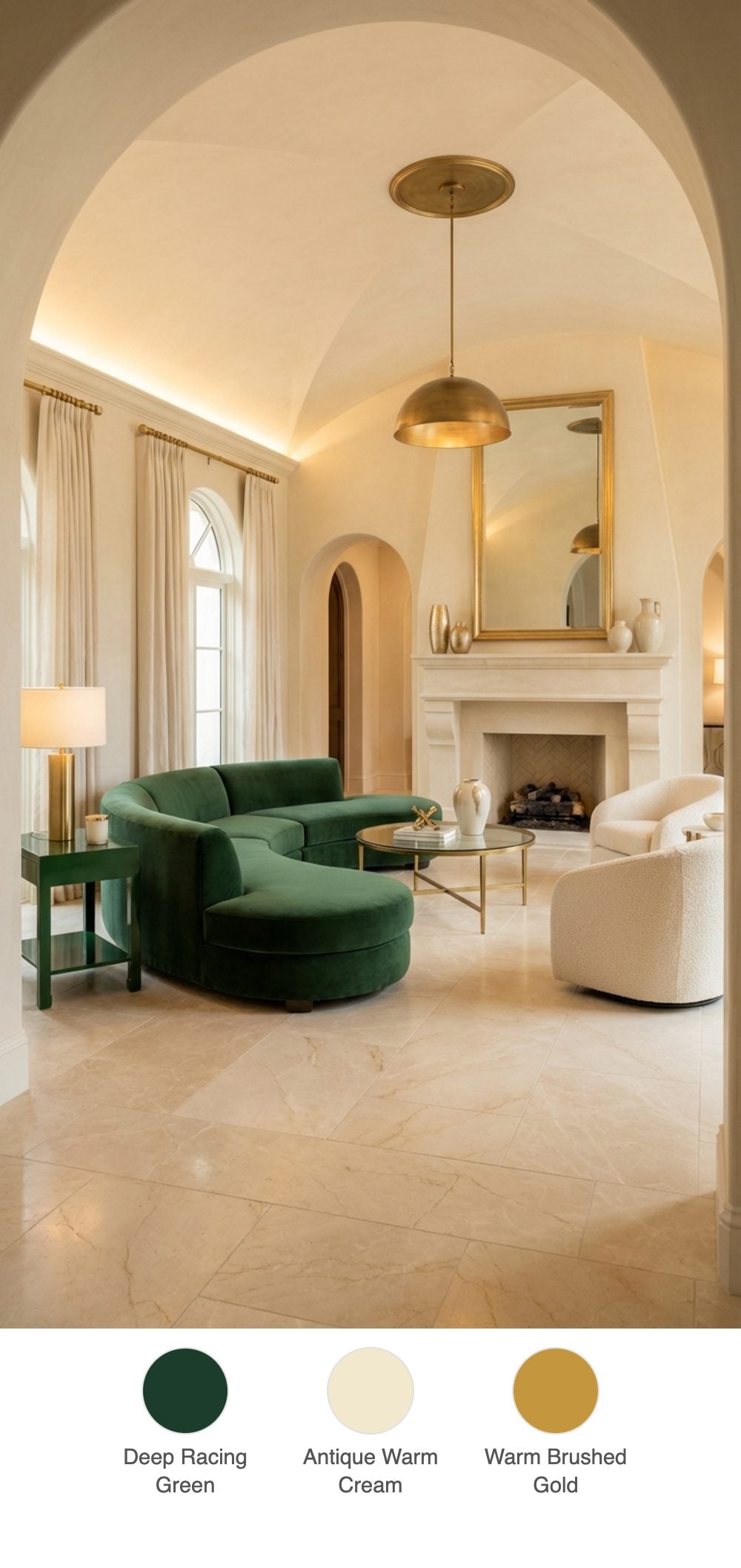 Cream Plaster Arched Living Room with a British Racing Green Velvet Sectional and Gold Cocktail Table