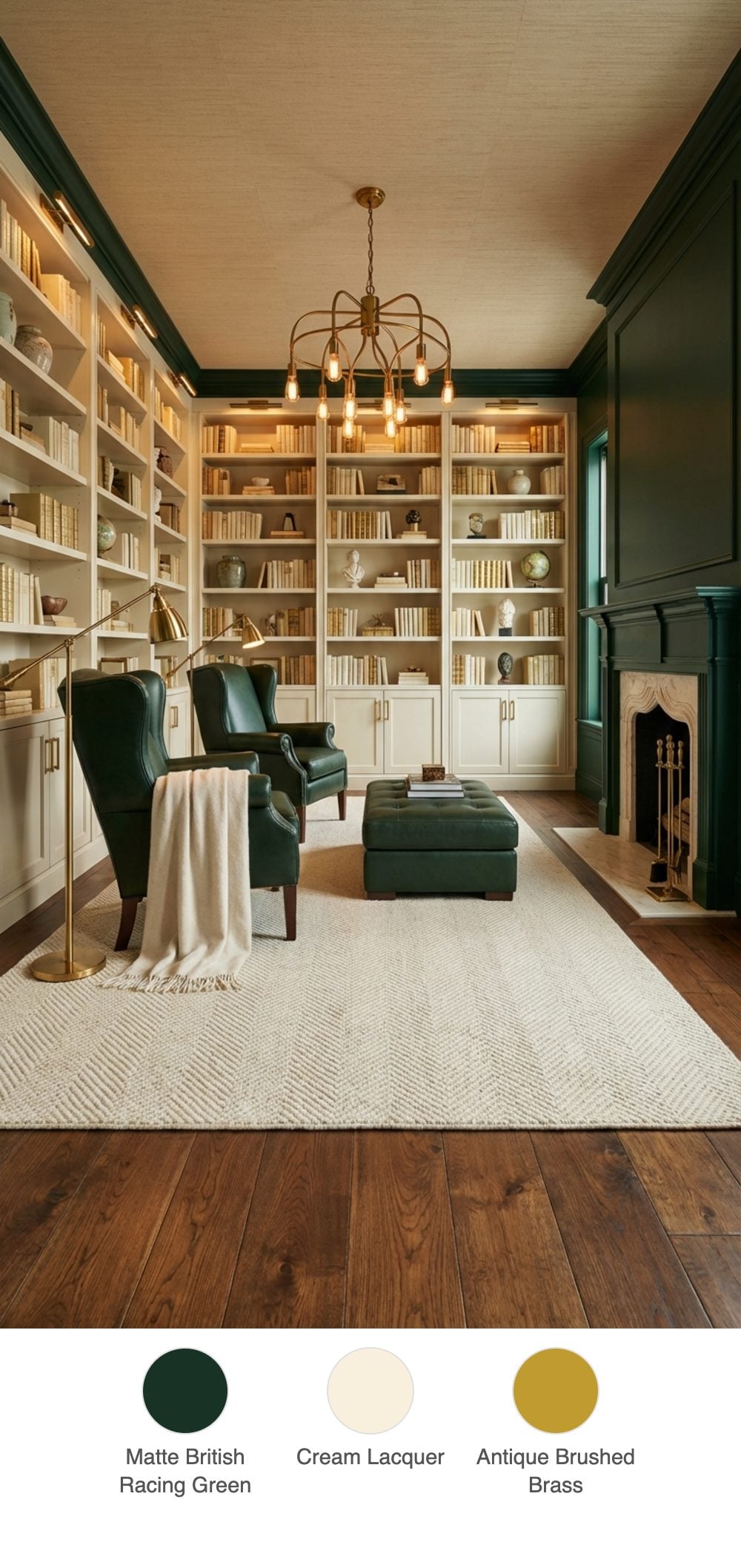 Dark Moody British Racing Green Library-Living Room with Cream Bookshelves and Brass Reading Lamps