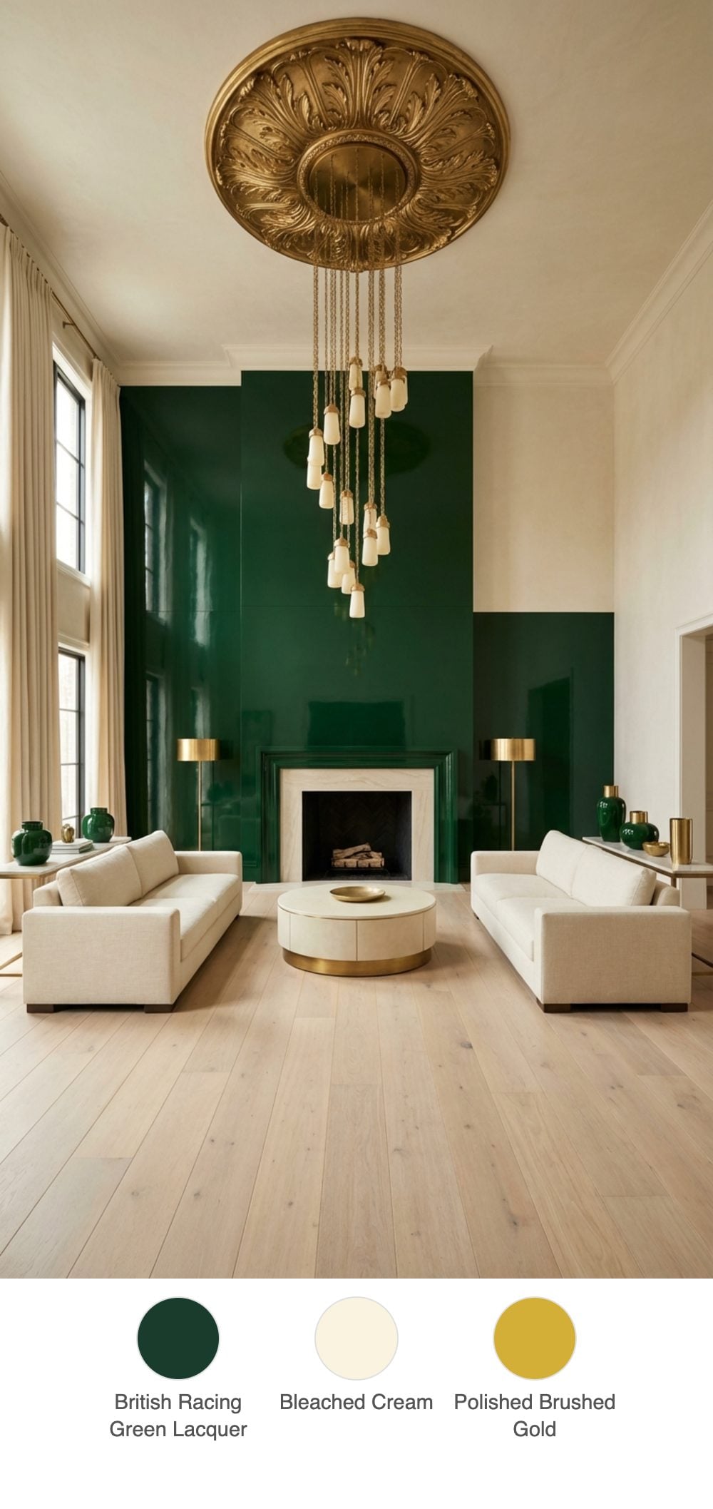 High-Ceiling Cream Living Room with British Racing Green Lacquered Fireplace Wall and Gold Plaster Ceiling Medallion