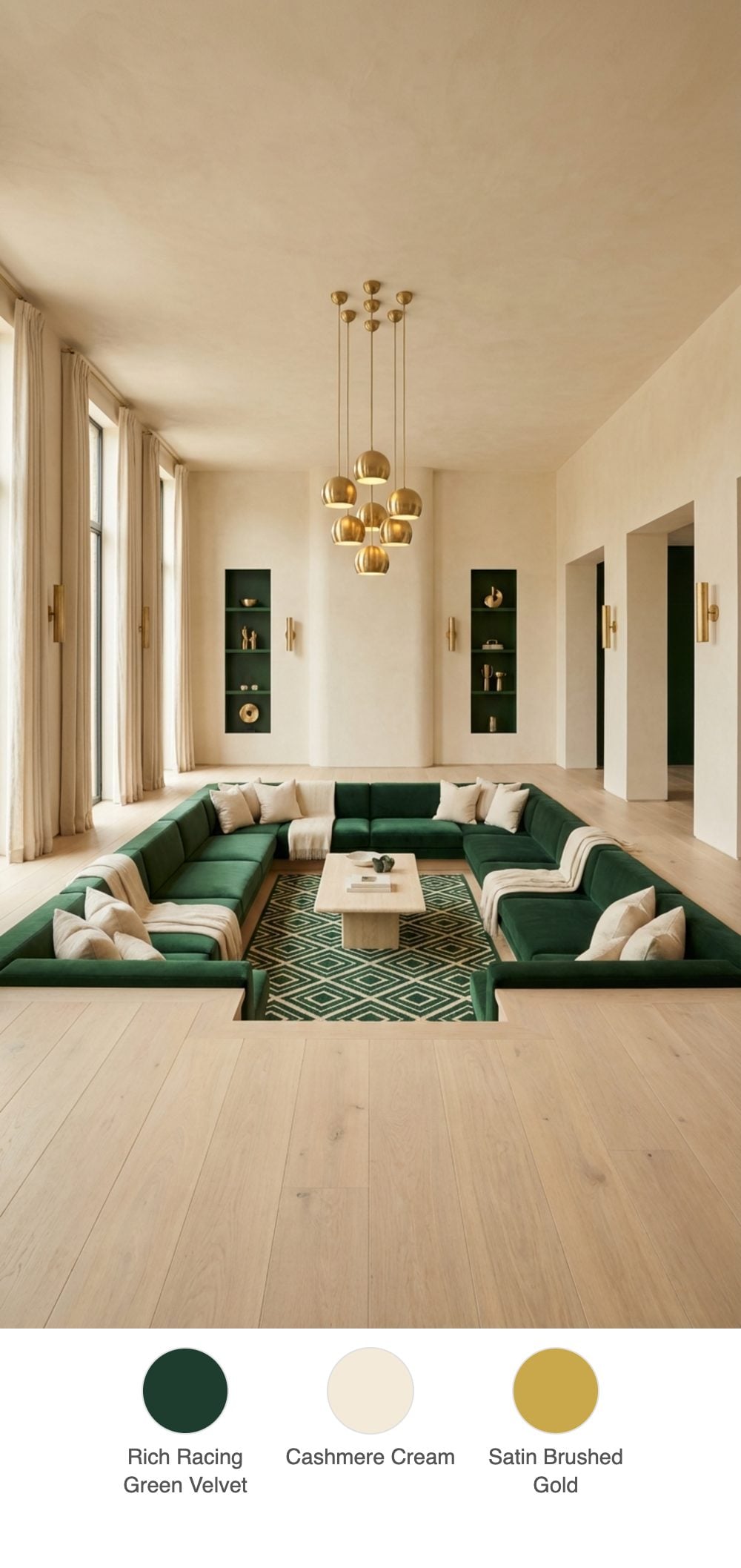 Cozy Green and Cream Conversation Pit Living Room with Sunken Seating and Gold Pendant Clusters