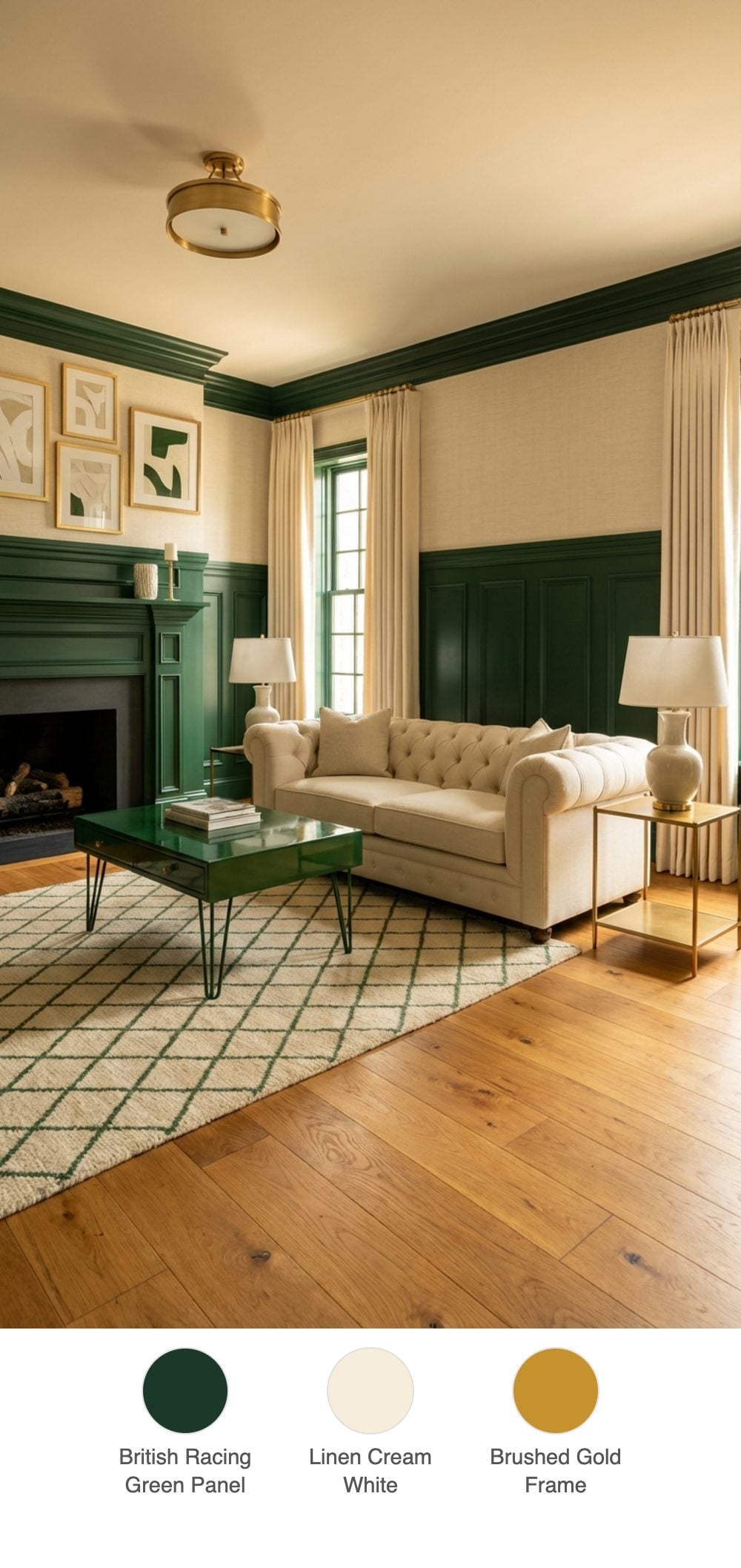 British Racing Green Wainscoting with Cream Wallpaper Above and a Brushed Gold Gallery Wall