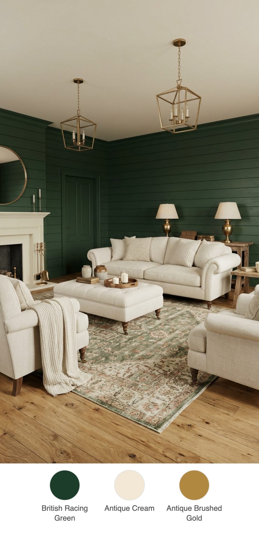 Cozy Refined Farmhouse Living Room with Green Shiplap Walls and Cream Upholstered Furniture
