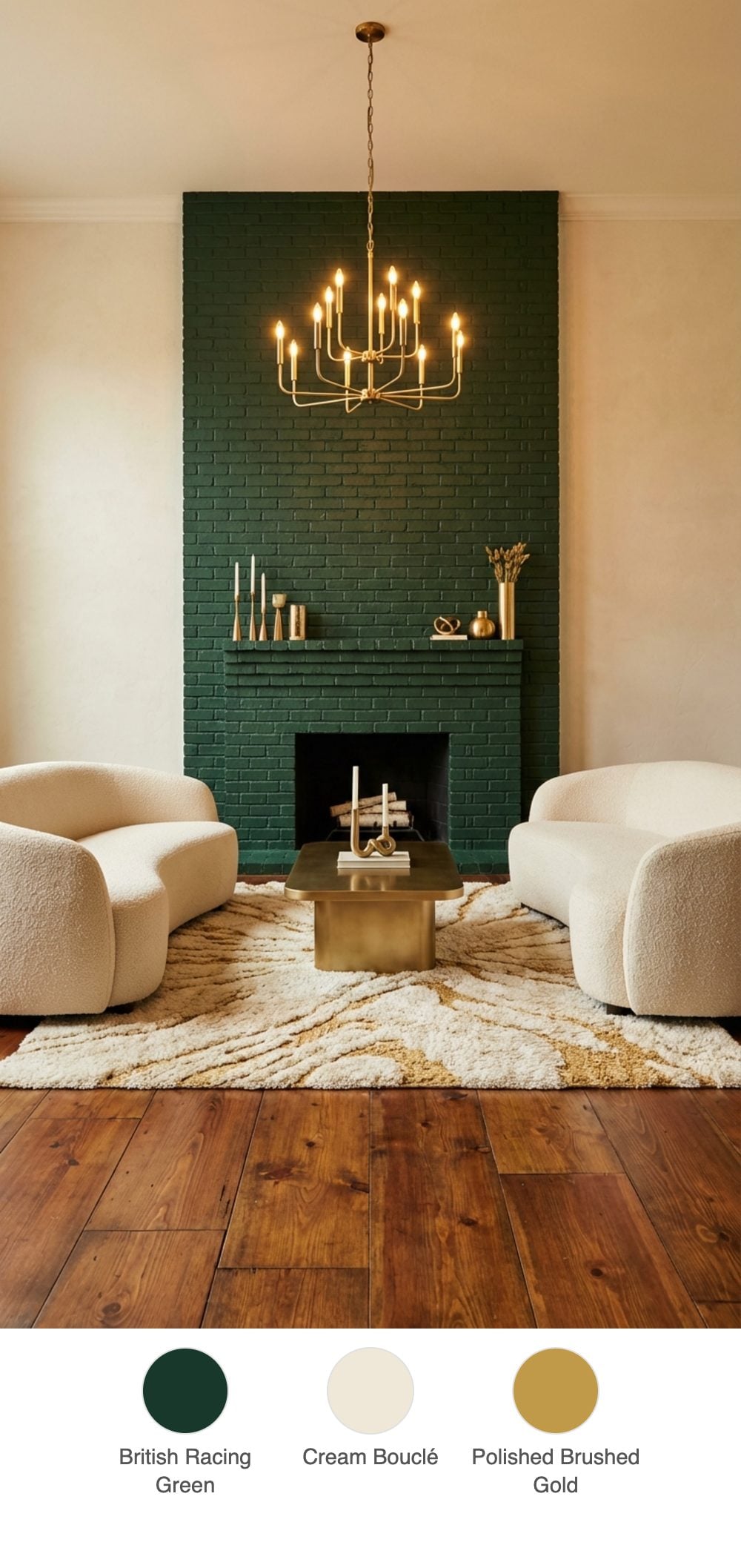 Rustic-Glam Living Room with Green Painted Brick Fireplace, Cream Bouclé Sofas, and a Brushed Gold Chandelier