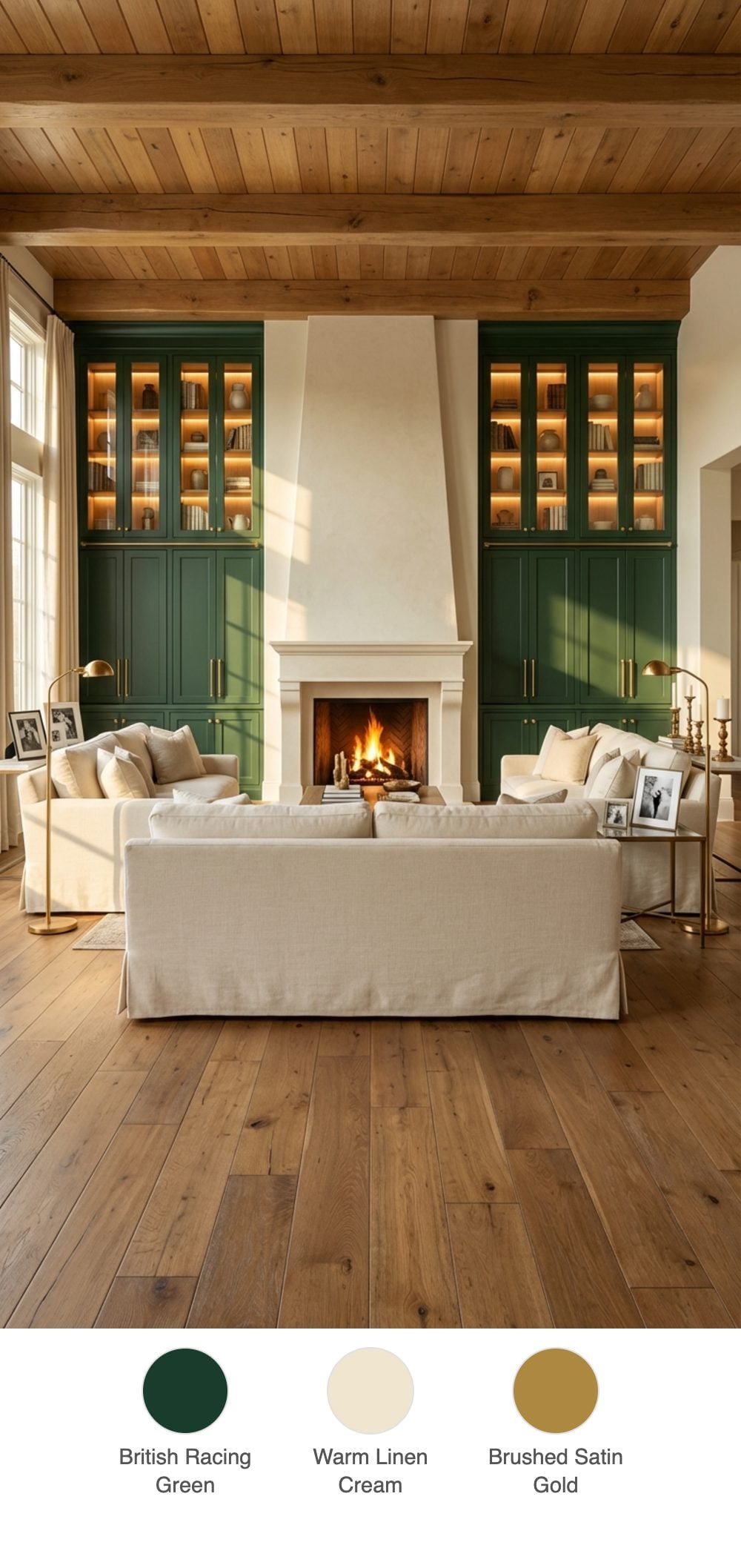 Transitional Living Room with British Racing Green Cabinetry Flanking the Fireplace and Cream Slipcovered Sofas