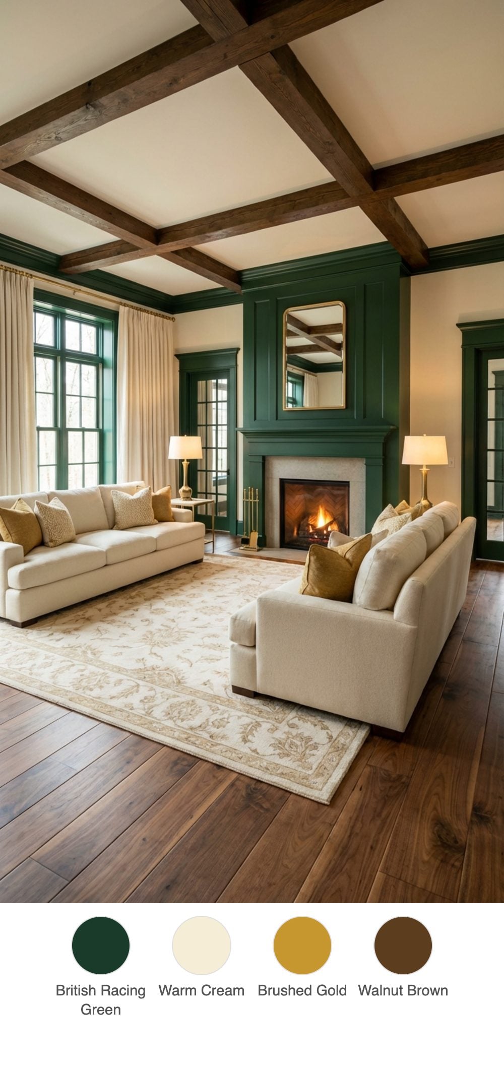 Refined Lodge Living Room with Green-Painted Trim, Cream Wool Sofas, and Timber Beams