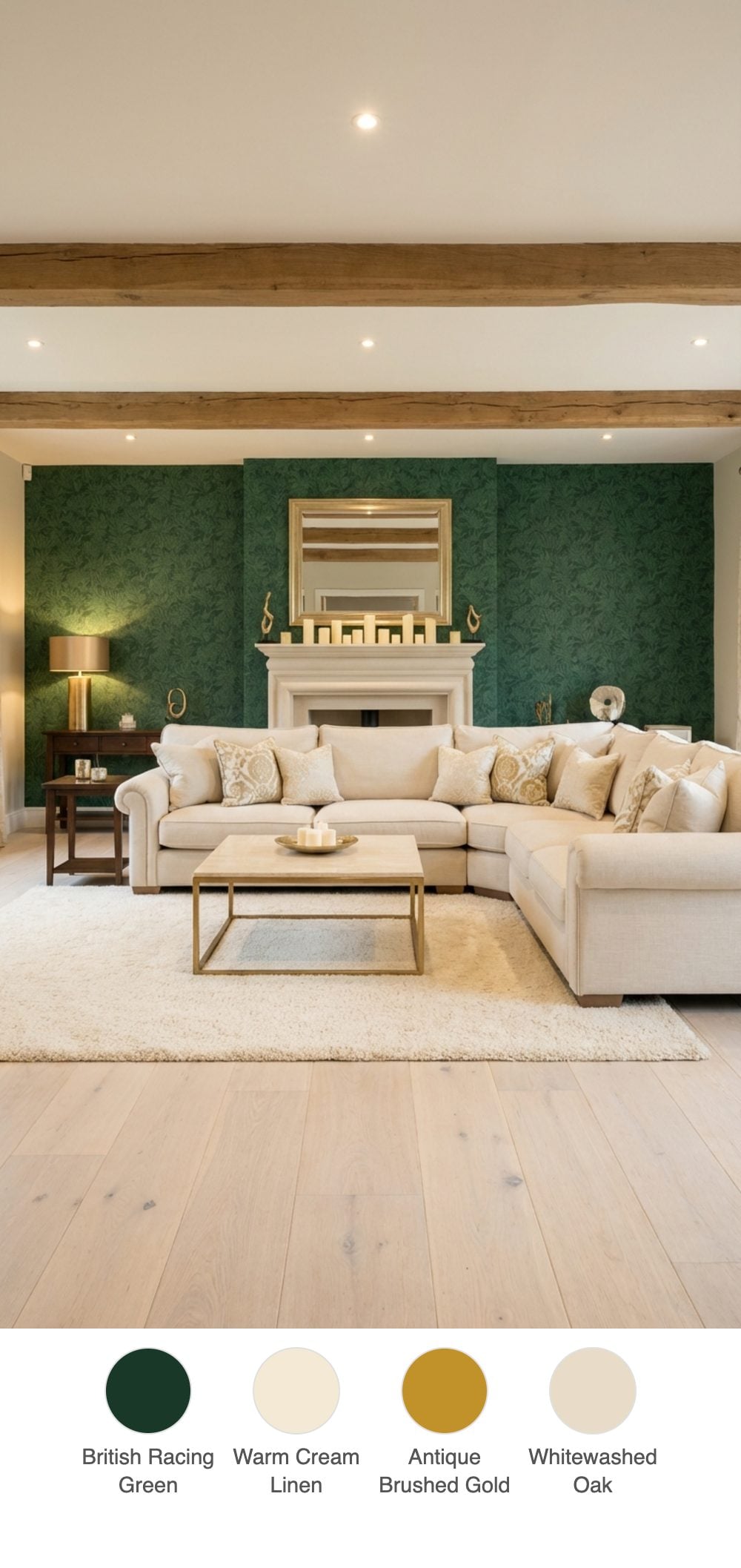 Country-Glam Fireplace Wall with Green Wallpaper, a Whitewashed Oak Floor, and a Gold Mirror