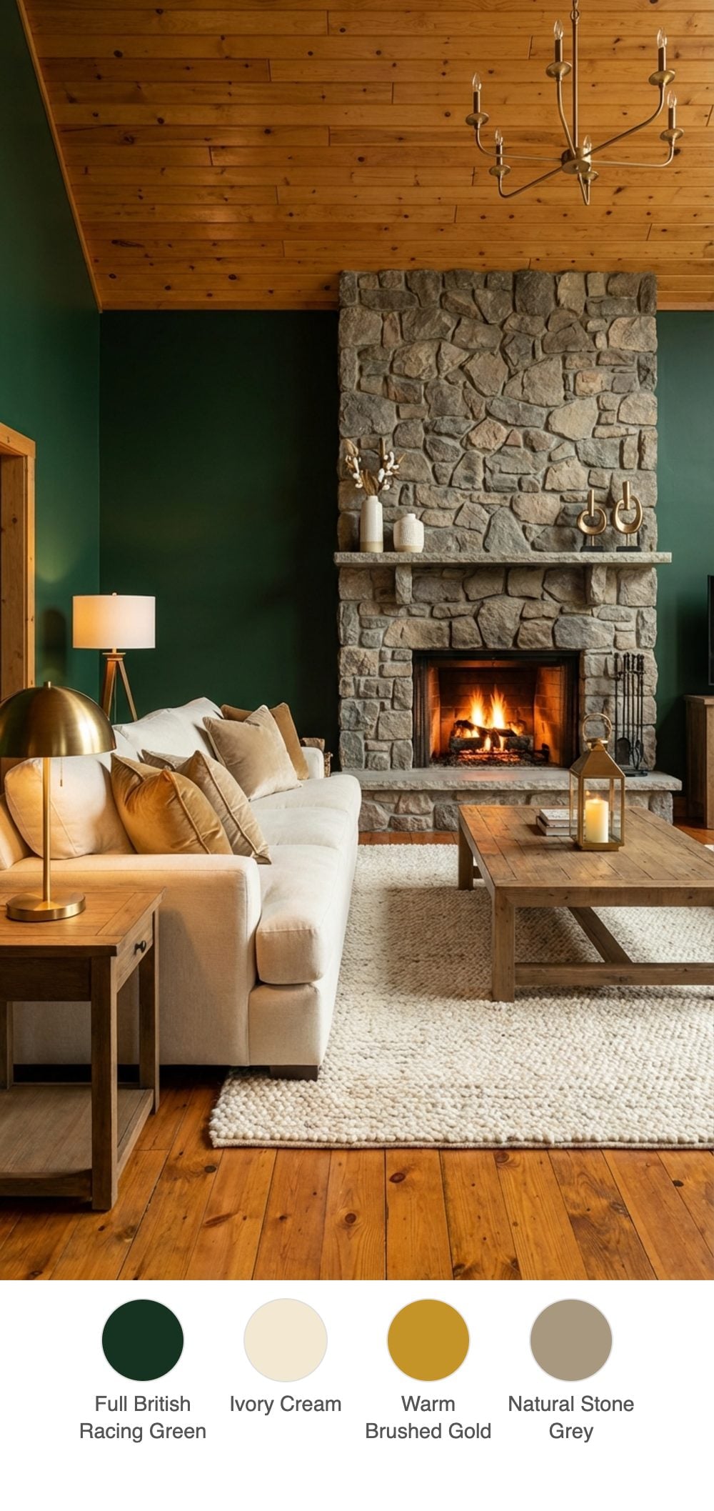 Cabin Living Room with Full Green Walls, an Oversized Cream Sofa, and a Natural Stone Fireplace
