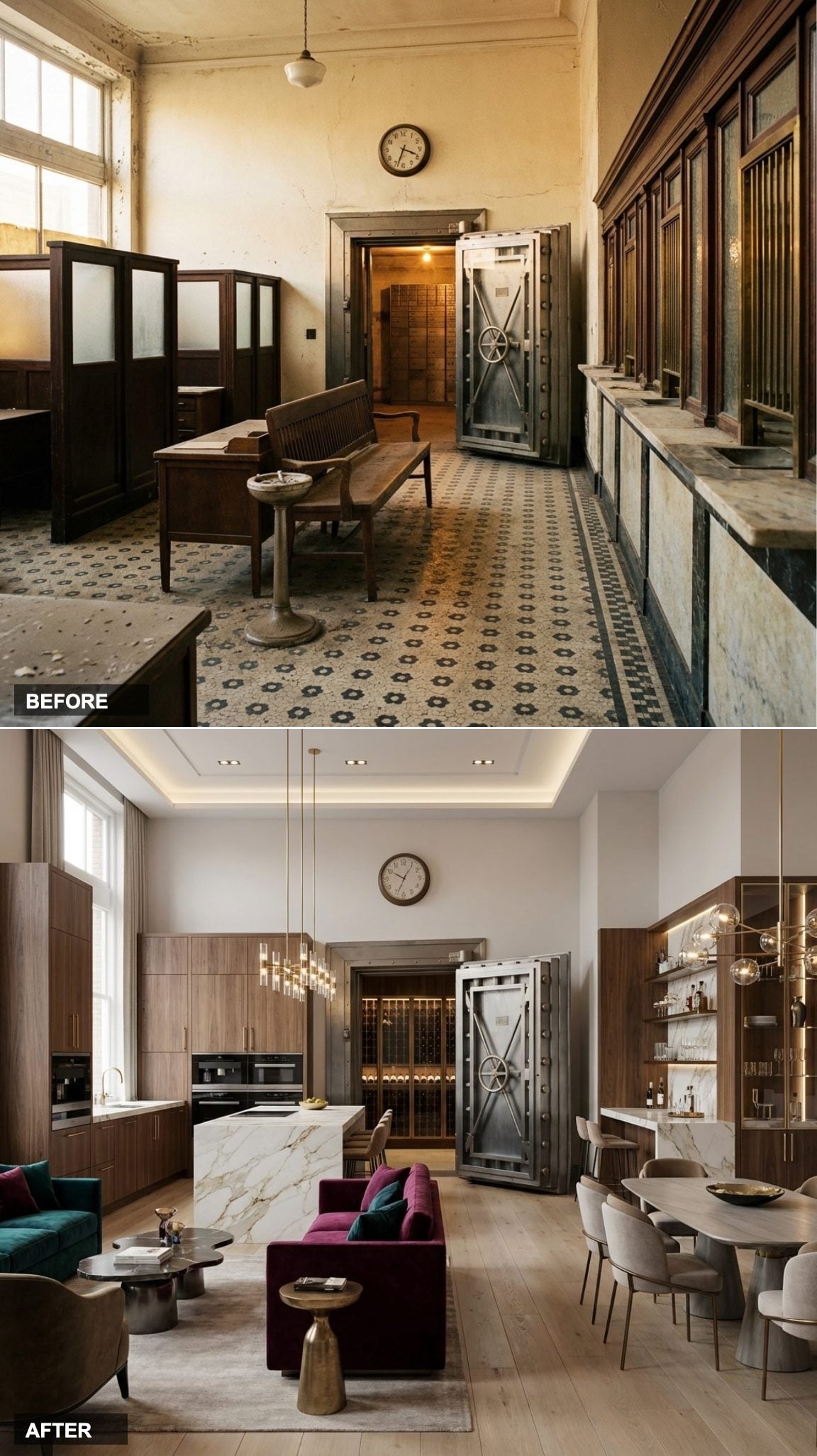 Bare Linoleum and Broken Teller Windows Give Way to a White Oak Showpiece Kitchen