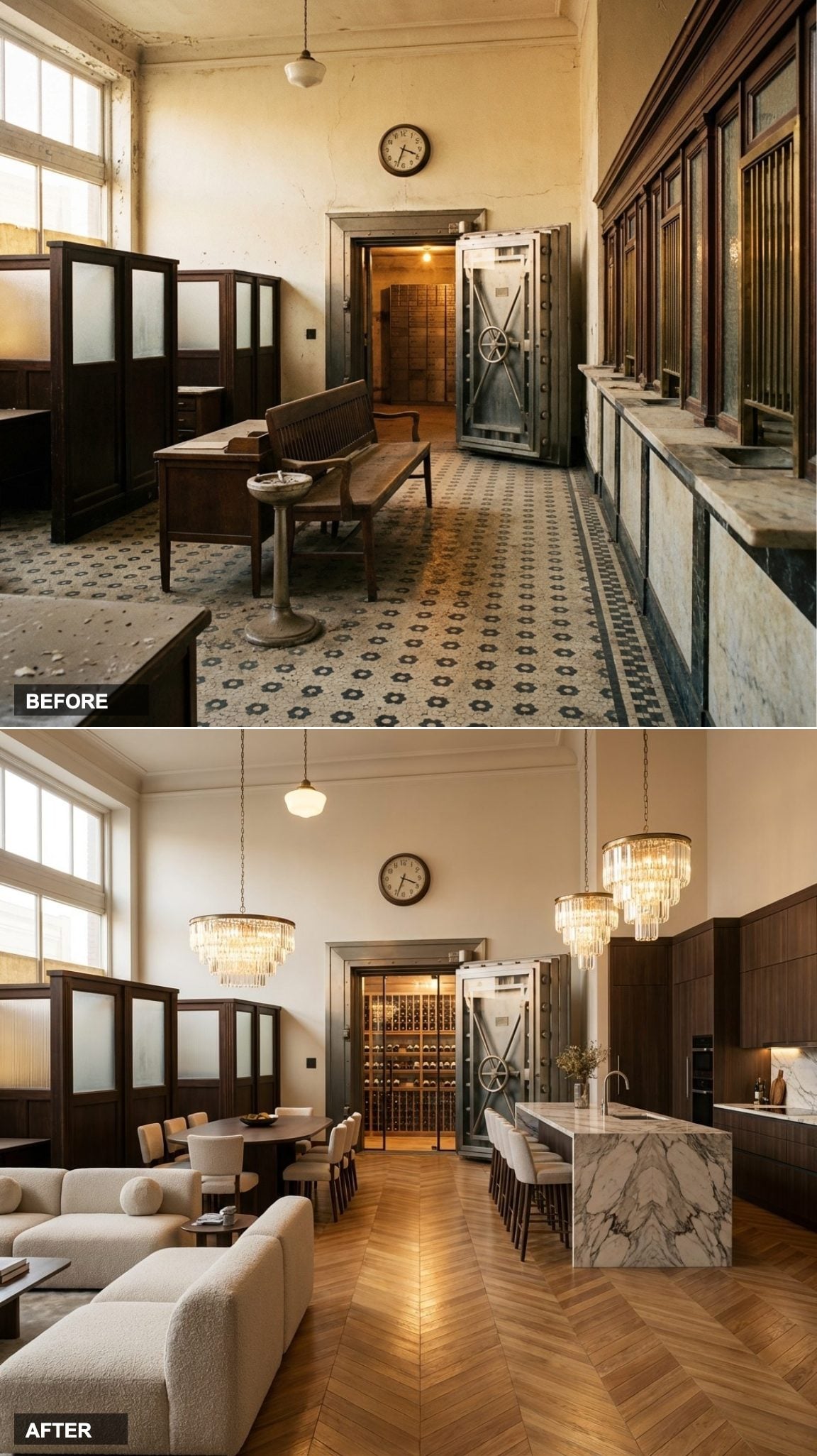 Chevron Oak and Bookmatched Marble Turn a Crumbling Lobby Into a Gallery-Worthy Living Space