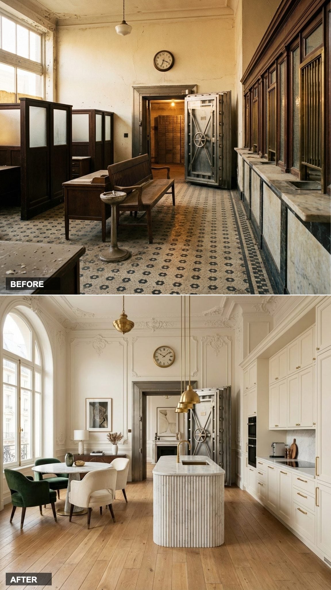 Ivory Lacquer, Unlacquered Brass, and a Fluted Marble Island Channel Pure Parisian Apartment Energy