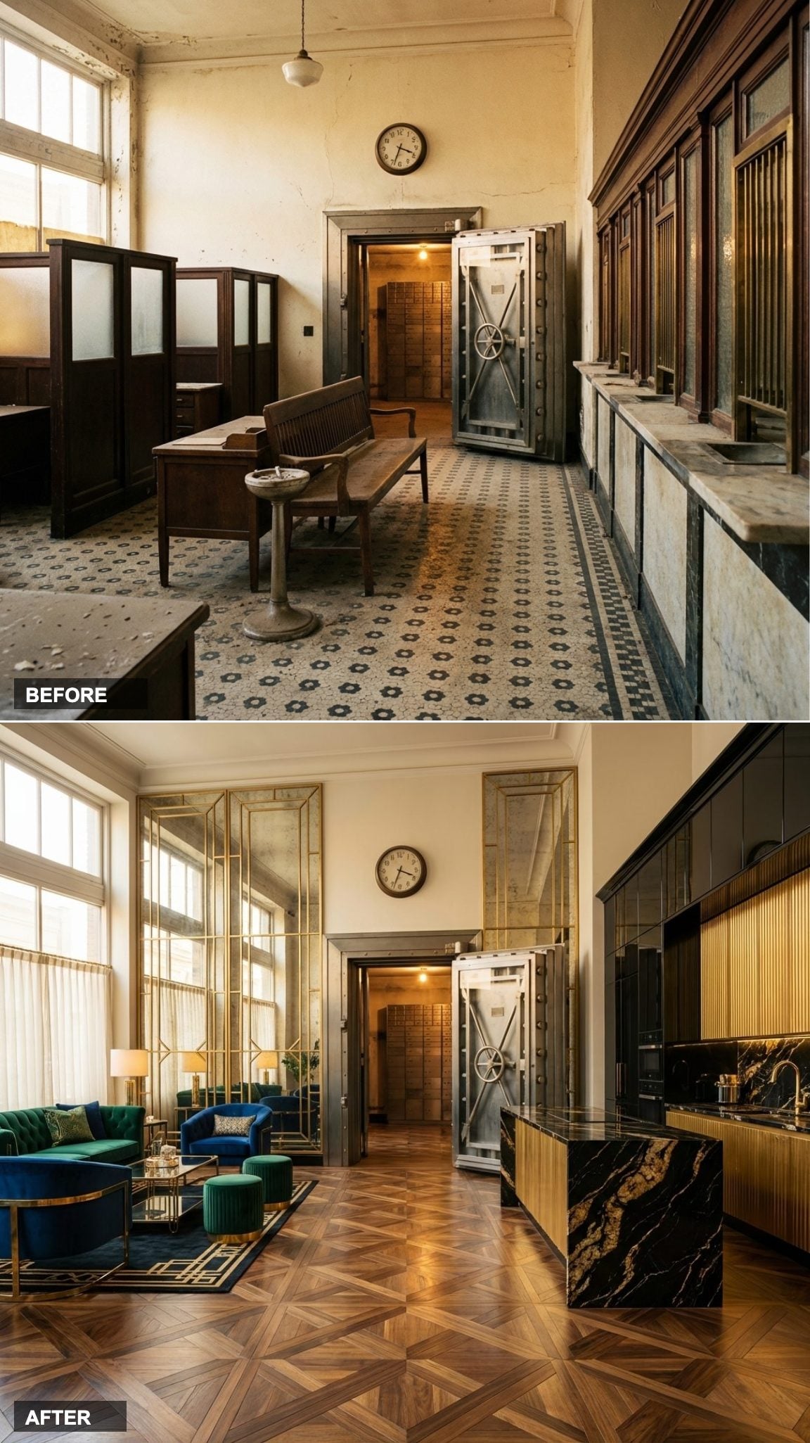 Geometric Walnut Inlay Floors and Gold Fluted Cabinetry Deliver Full Art Deco Maximalism