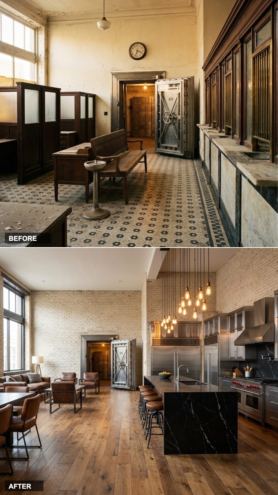 Reclaimed Oak and a Restaurant-Grade Steel Kitchen Give This Bank Conversion Its Rawest Edge