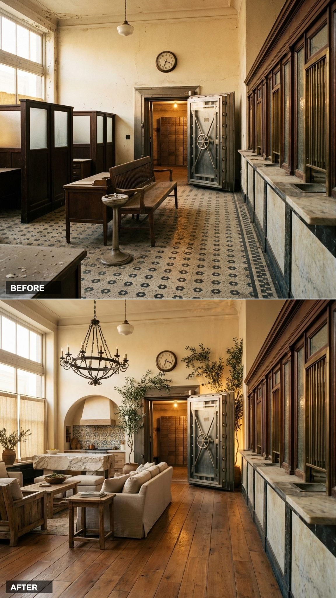 Hand-Finished Terracotta Oak and Hand-Painted Tile Ceramics Recast the Bank as a Tuscan Farmhouse Fantasy