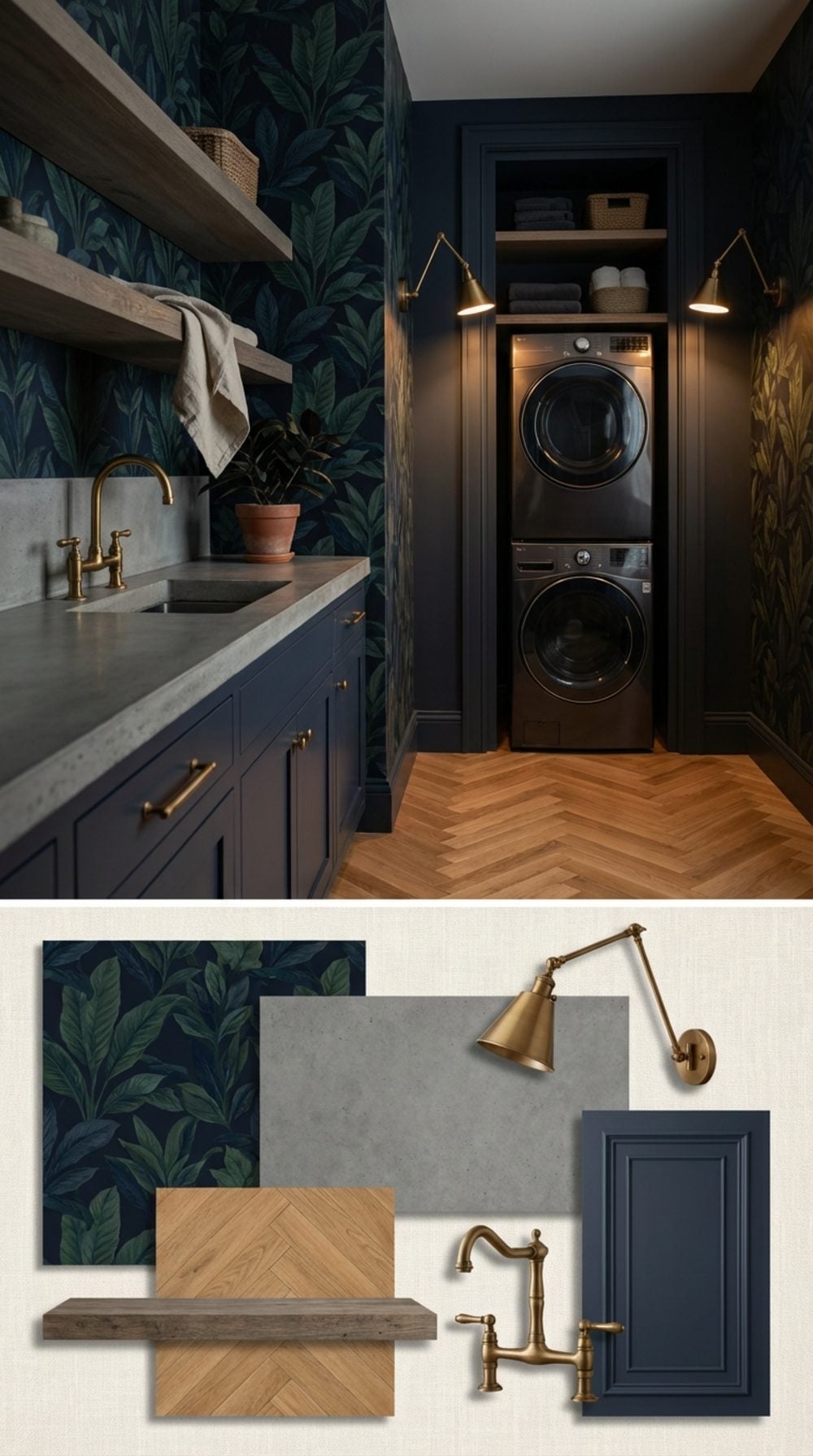 Botanical Wallpaper and Concrete: Moody Navy Laundry Room with Herringbone Oak Floors and Brass Wall Sconces
