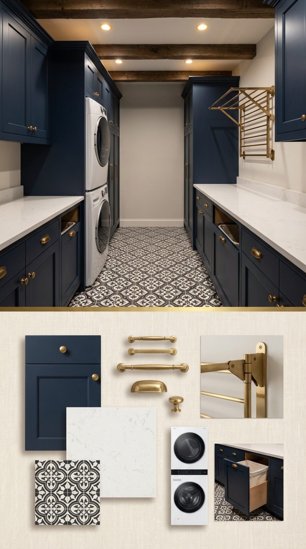 Navy Galley Laundry Room with Rustic Beams, Brass Hardware, and Patterned Black and White Floor